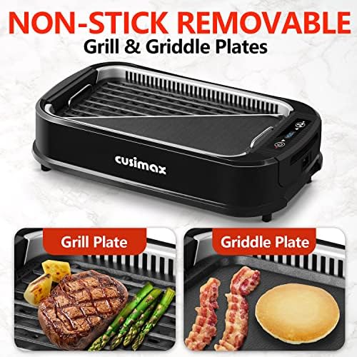 CUSIMAX Indoor Grill, Electric Smokeless Grill, 1500W Korean BBQ Grill, Electric Griddle with LED Smart Display & Tempered Glass Lid, Non-stick Removable Plate & Griddle Plate, Black