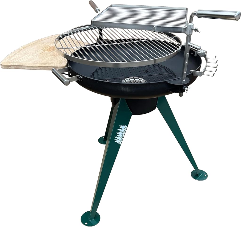 Mr. Outdoors Cookout Heavy Duty Charcoal Grill, One Grill 22 inch Diameter, Stainless Steel Grill Grate, Grill Height Crank, Built-in Side Shelf with Branded Cutting Board, Easy to Use Ash Tray