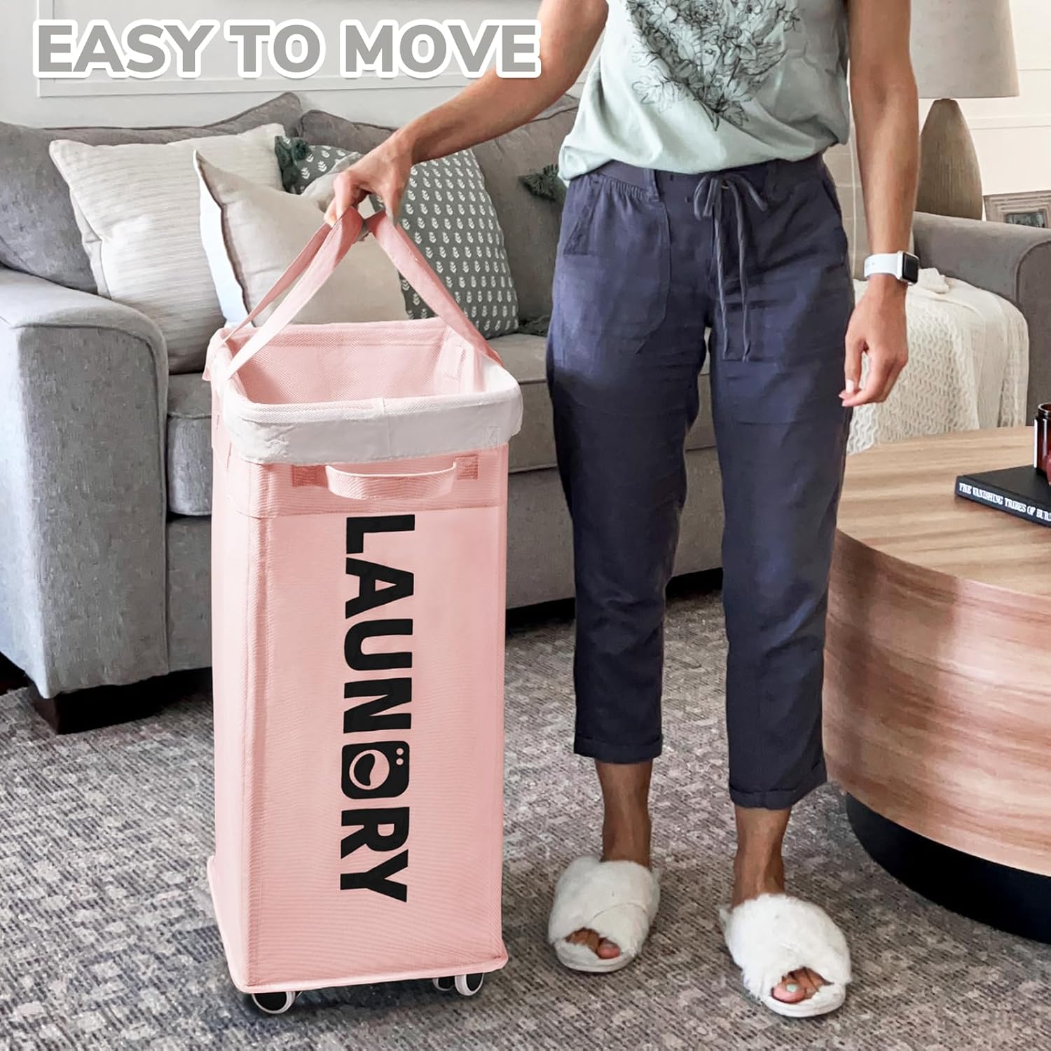 CHICVITA 2-Pack Laundry Hamper with Wheels, 75L Collapsible Laundry Basket with Removable Wash Bags, Pink Laundry Hamper for Corner Dorm, Rolling Laundry Basket on Wheels