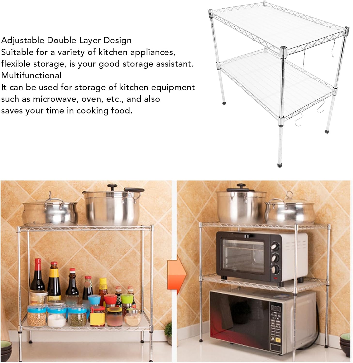 Microwave Rack Double Layer Adjustable Over Microwave Shelf for Kitchen Storage with Carbon Steel Multifunctional Countertop Stand