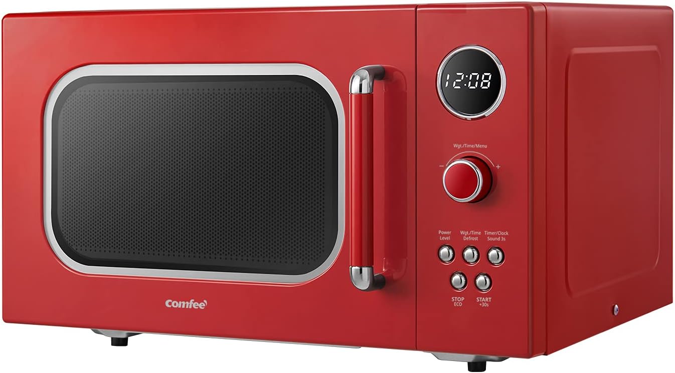 COMFEE' CM-M093ARD Retro Microwave with 9 Preset Programs, Fast Multi-stage Cooking, Turntable Reset Function Kitchen Timer, Mute Function, ECO Mode, LED digital display, 0.9 cu.ft, 900W, Red