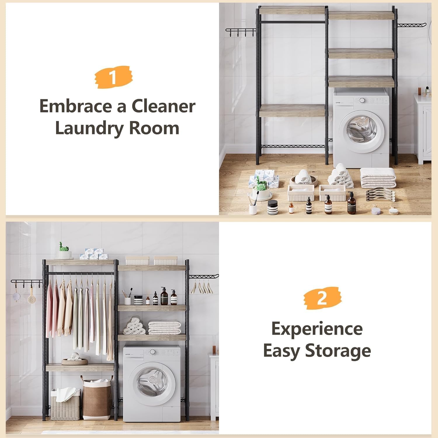 IDEALHOUSE Laundry Room Organization and Storage, 5 Tier Wood Over The Washer and Dryer Storage Shelf with Drying Clothes Racks,Space Saver Heavy Duty Standing Dry Rack for Laundry Room