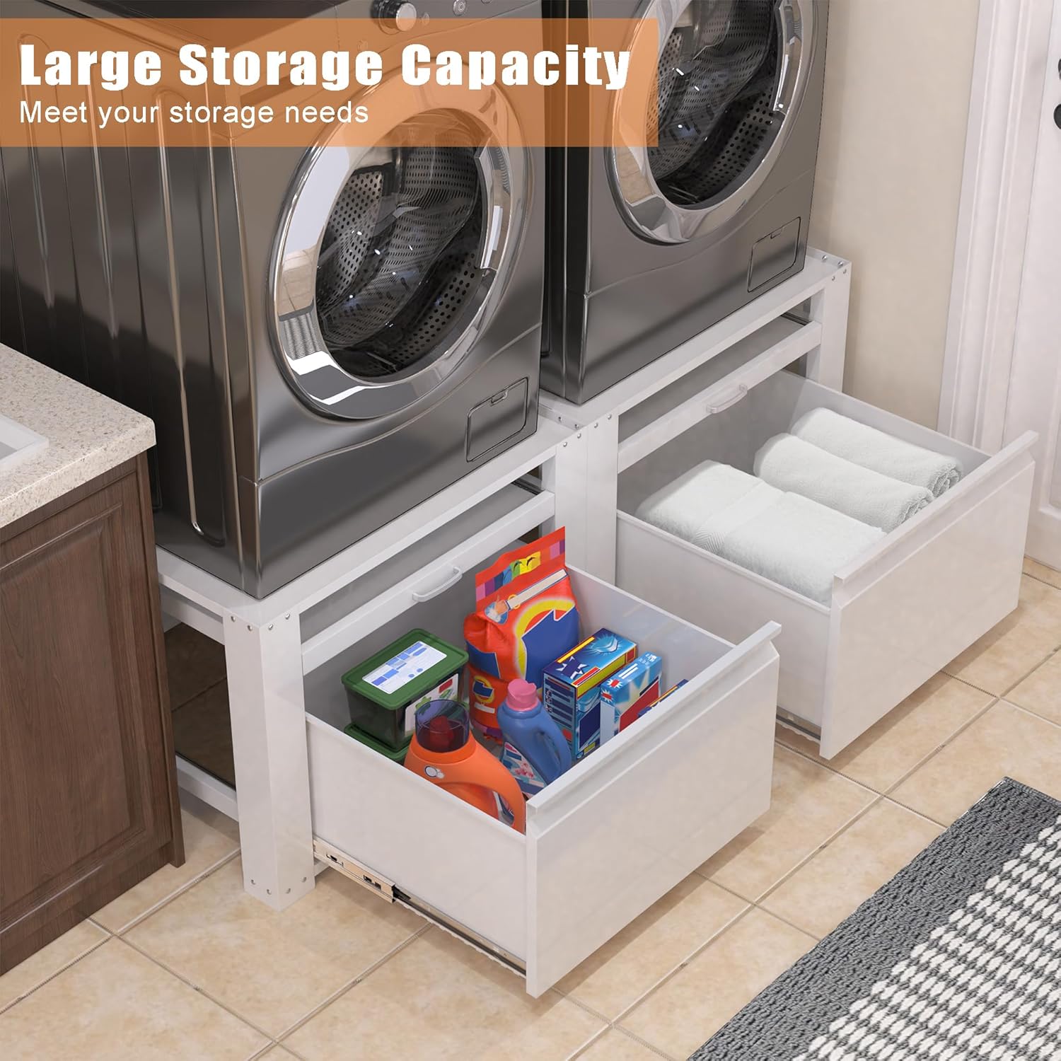 Washer and Dryer Pedestals, Laundry Pedestal Universal Fit Washing Machine Stand with Drawer Storage and Lundry Basket Shelf, 800LBS Capacity,White