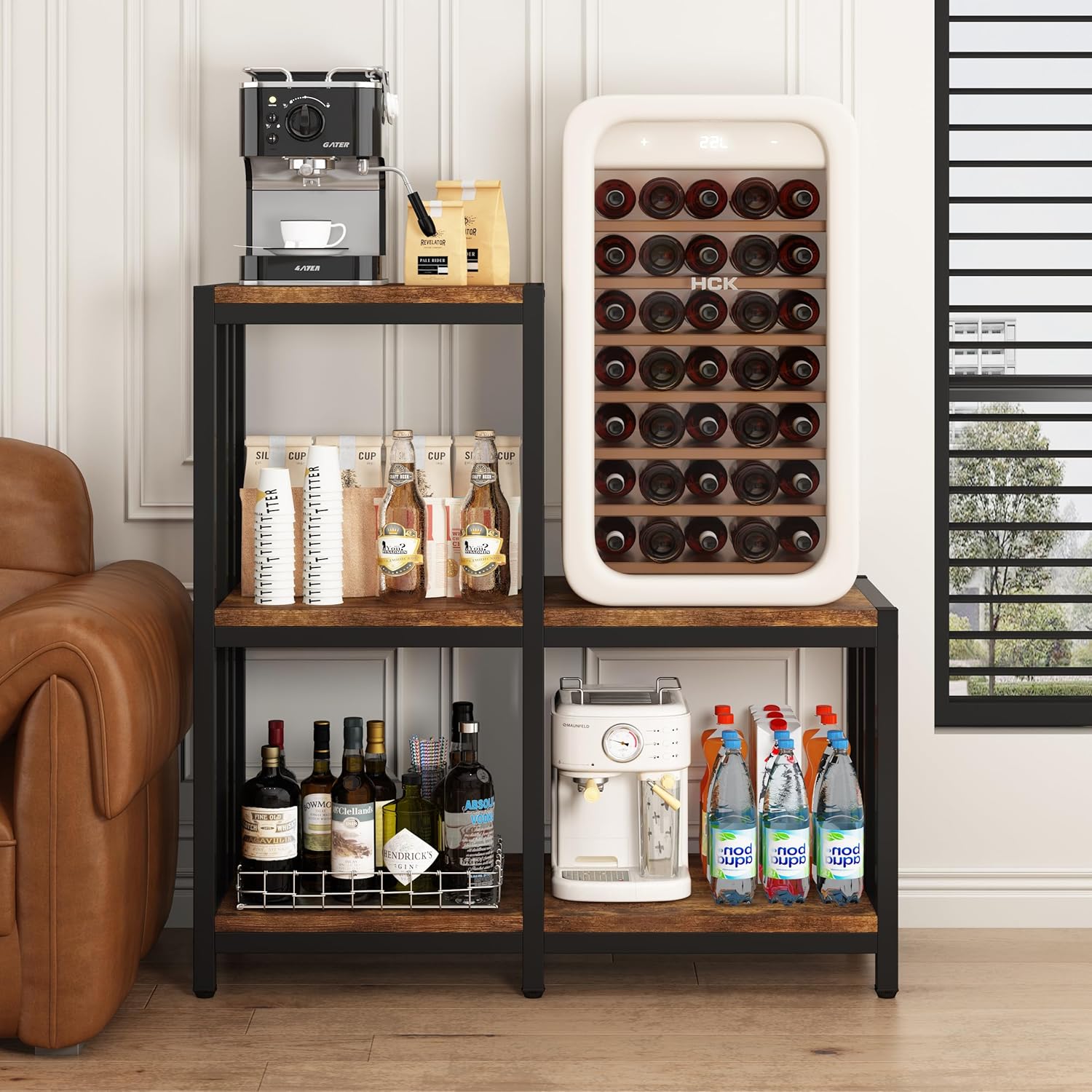 5-Tier Mini Fridge Stand with Storage, Vintage Brown Bakers Rack and Microwave Oven Stand, Kitchen Mini Fridge Cabinet with Shelves, Coffee Bar Organizer for Home, Office, Dorm