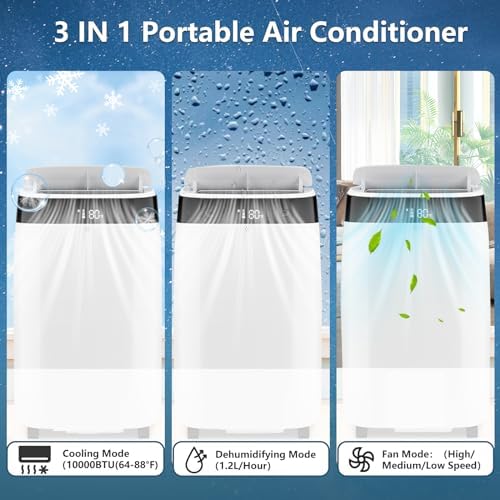 10000BTU Portable Air Conditioners, 3-in-1 AC Unit with Cooling, Dehumidifier & Fan Modes, Remote Control, Digital Display, Mobility, Quiet Freestanding AC Cooling for 450 Sq.Ft for Home, Office, RV