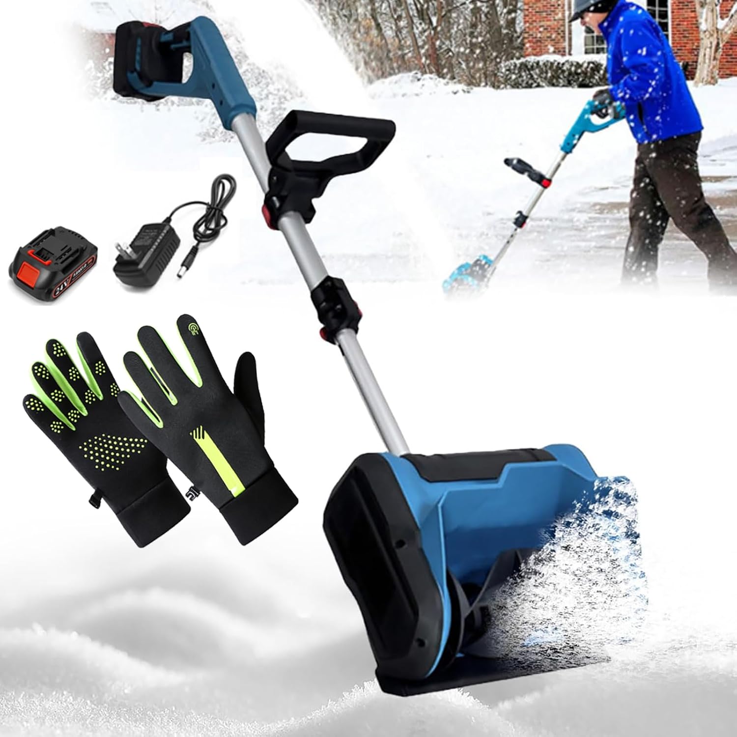 Rechargeable Snow Blower with Gloves, 1000W Electric Cordless Snow Shovel with Telescopic Pole/Adjustable Handle, 3000r/min Outdoor Snow Cleaner 8m Throwing Distance, for Patio, Playground, Farm