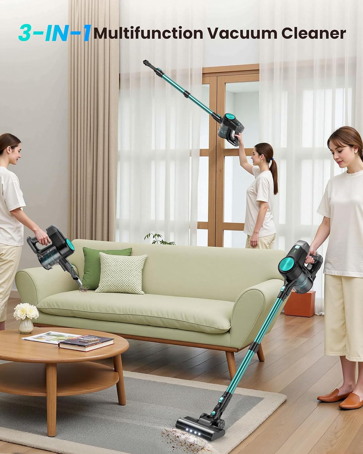 N3T Cordless Vacuum Cleaner,Wireless Stick Vacuum with 40mins Runtime,Self-Standing,Anti-Tangle Brush,Rechargeable Lightweight Vacuum Cleaner for Home,Hardwood Floor,Pet Hair, Carpet-Mint Green