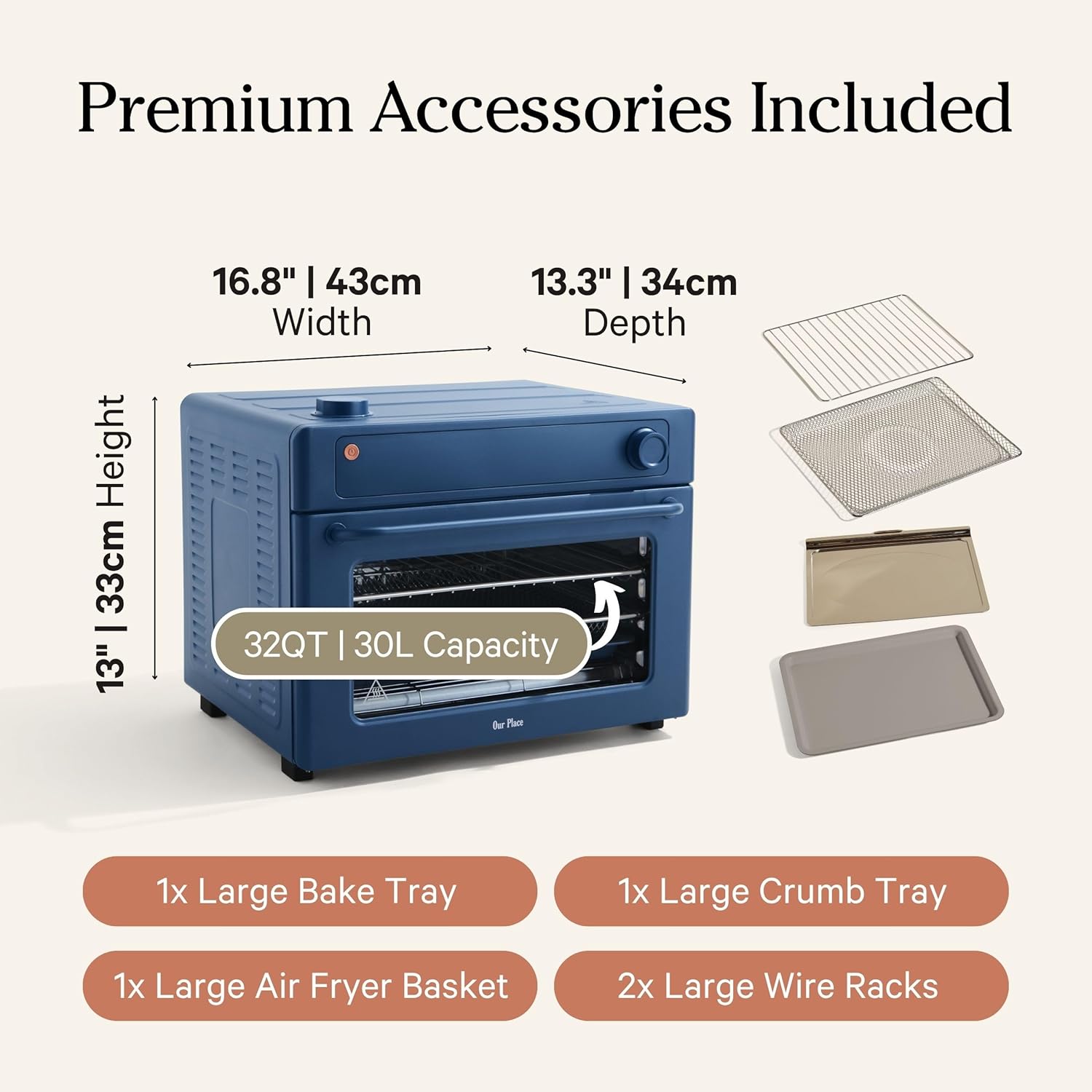 Our Place Large Wonder Oven | 6-in-1 Stainless Steel Air Fryer Toaster Oven Combo with Basket, Rack, Pan & Tray | 3-Rack, 32 QT, Large Capacity - Toast, Roast, Bake, Reheat, Broil & Steam | Blue Salt