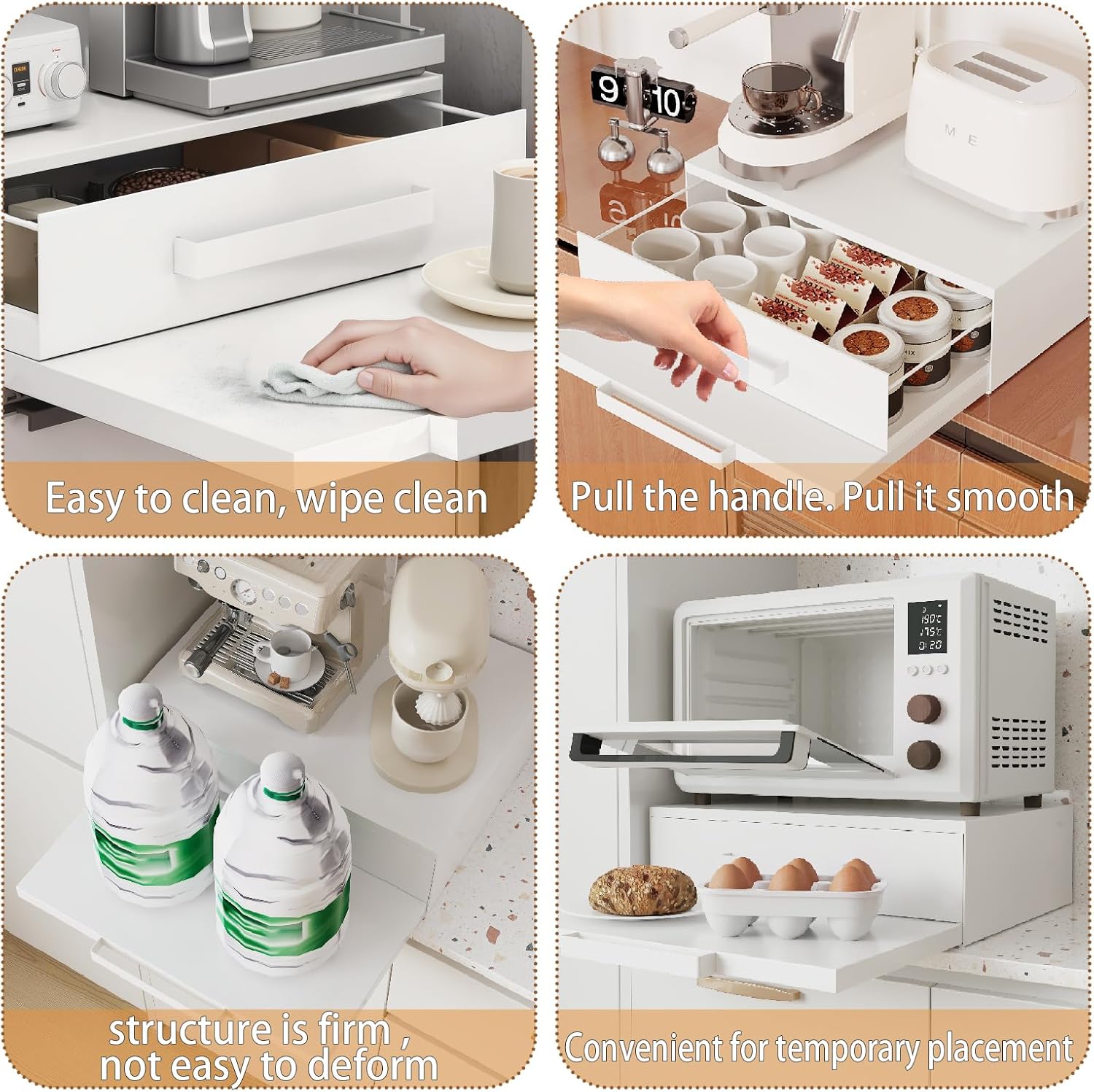 Steel Microwave Stand with Pull-Out Drawers & Shelves | Countertop Organizer for Compact Microwaves, Coffee Station & Kitchen Appliance Storage (White+Drawer+Shelf)