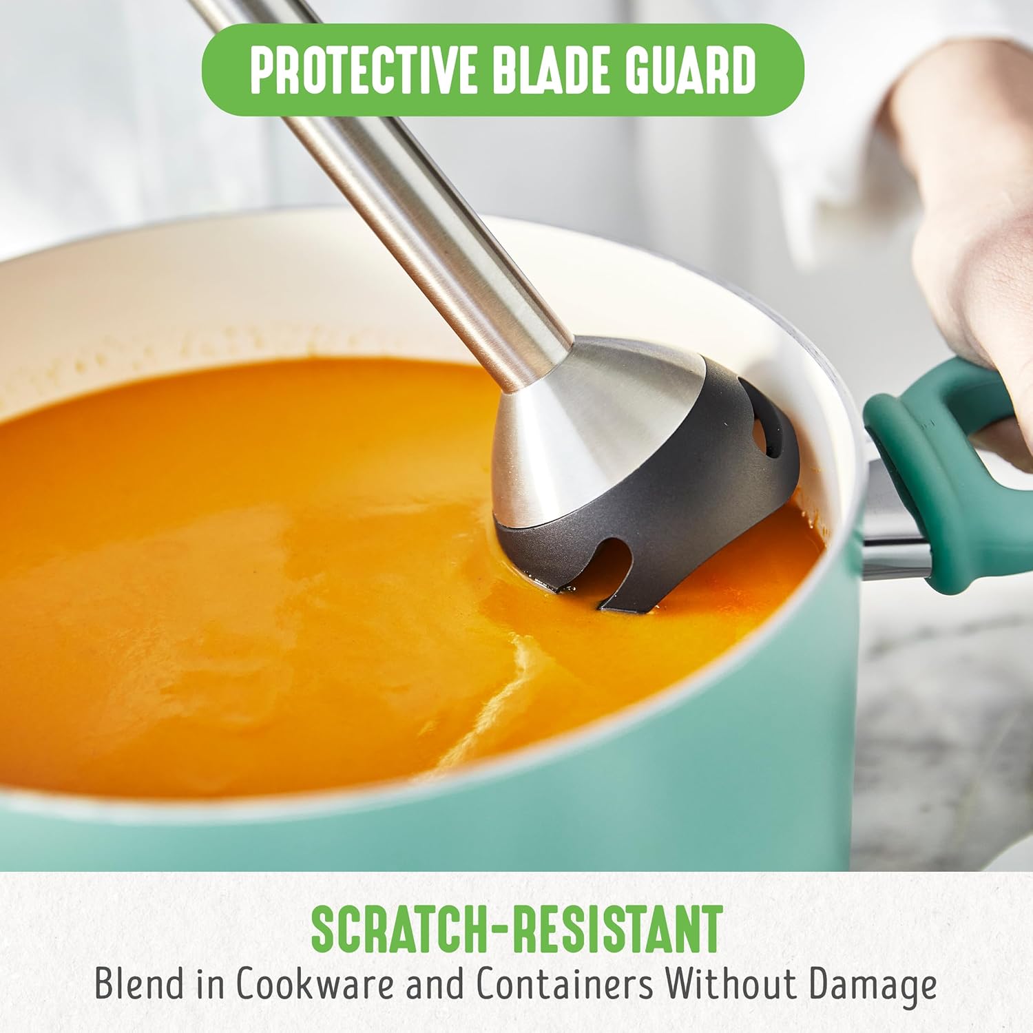 GreenLife 500-Watt Immersion Electric Handheld Stick Blender with Stainless Steel Blades, Whisk, Frother, Measuring Cup and Lid, Soups, Puree, Cake, Multi-Speed Control, Portable, Black