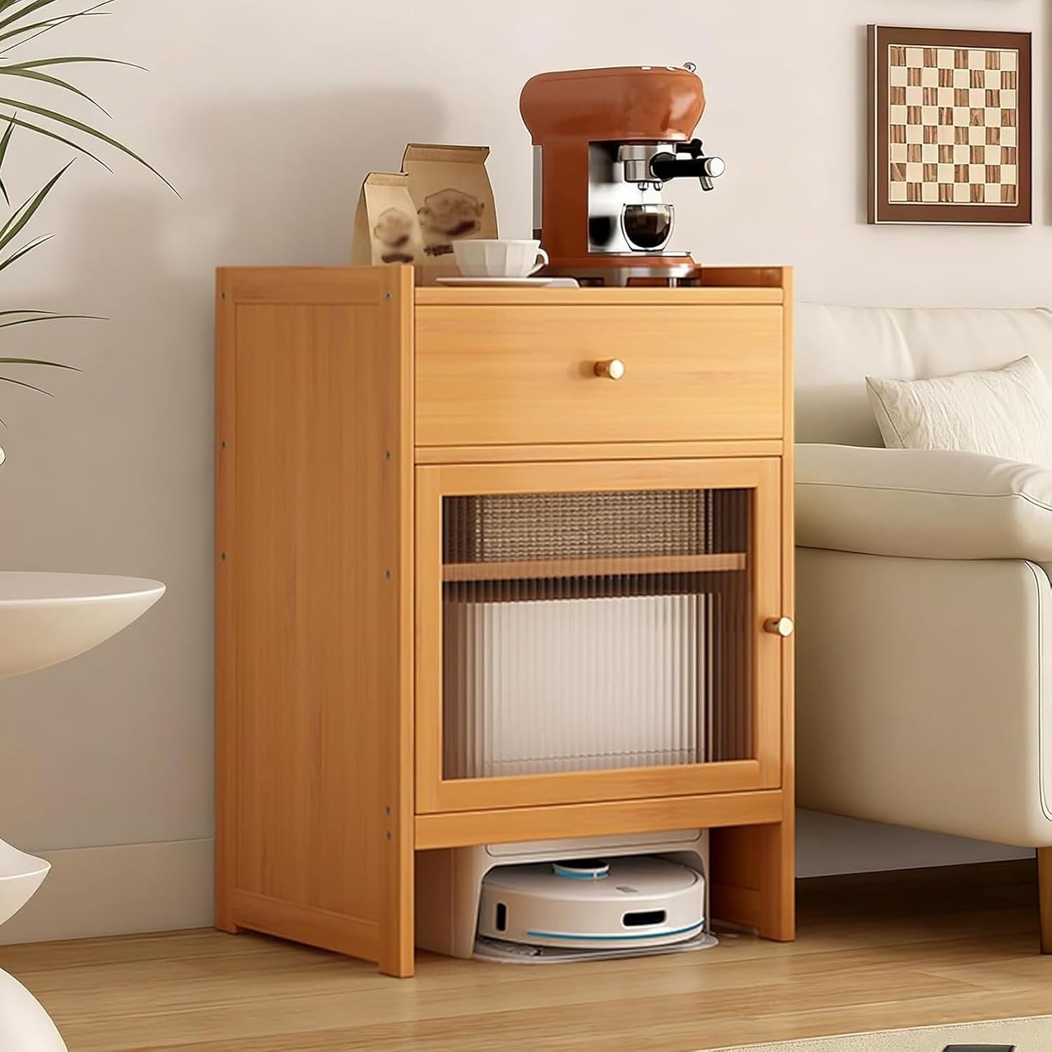 HARELA Bamboo Robot Vacuum Stand Cabinet, Storage Cabinet with Doors and Drawers for Robot Vacuum Cleaner, Hidden End Side Table for Living Room, Home Office(Yellow)