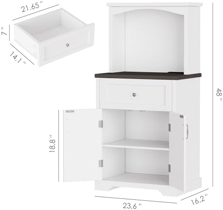 Microwave Stand with Storage and Drawer, Kitchen Pantry Storage Cabinet with Charging Station, Buffet Coffee Bar Cabinet with Adjustable Shelves, Kitchen Hutch Microwave Table for Dining Room