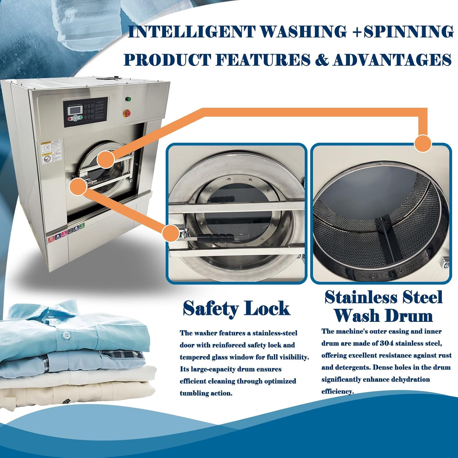 33LBS Commercial Washing Machine Industrial Washer & Spinner with 6KW Heater, Stainless Steel Drum, Auto Laundry Equipment for Hotel/Hospital/Car Detailing 220V 1PH