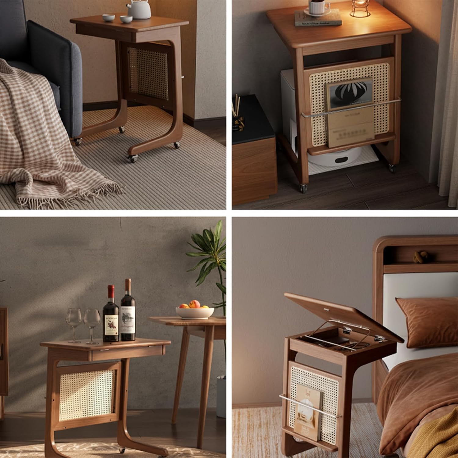 Wooden Robot Vacuum Cabinet with Wheels, Vintage Storage Cabinet for Vacuum with Decorative Rattan, Multipurpose Side Table for Living Room & Bedroom, 18.9/23.6