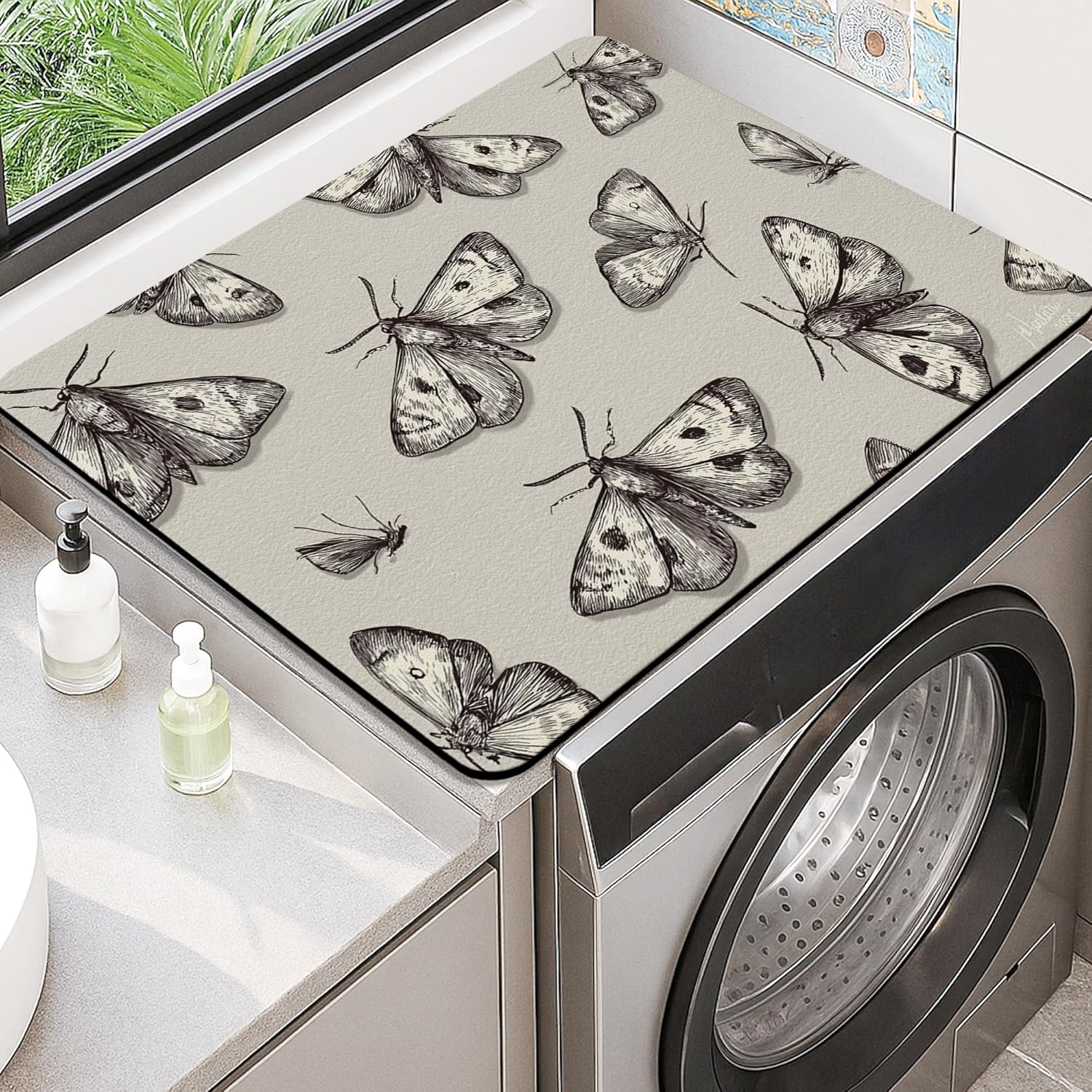 Moth Pattern Washer Dryer Top Protector Mat, Vintage Botanical Laundry Machine Dust Cover, Elegant Rubber Anti-slip Waterproof Washer And Dryer Mats for Laundry Room 20x24 Inch