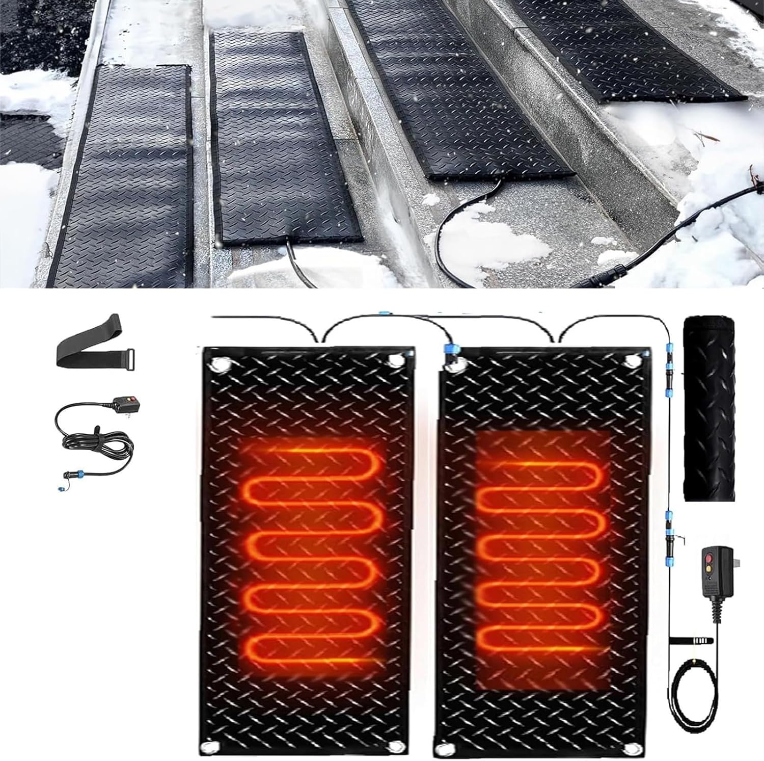 Heated mat for Snow, Heated Snow Melting mat, Winter Outdoor Snow Mat, 2 in/h Melting Speed with Power Cord and Connecting line,2 Pcs-25.4x120cm/10x48in