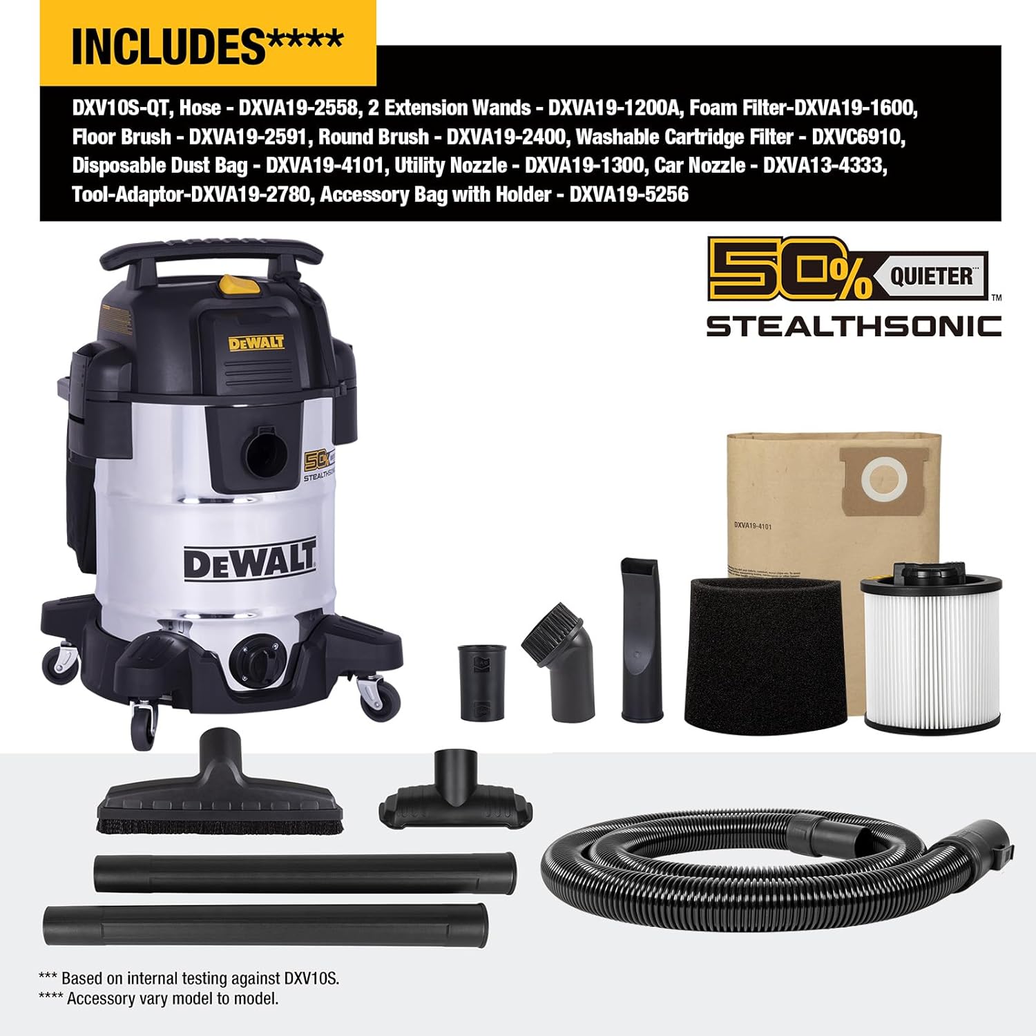 DEWALT 10 Gallon STEALTHSONIC Wet and Dry Shop Vacuum,with DXVC6914 HEPA Cartridge Filter