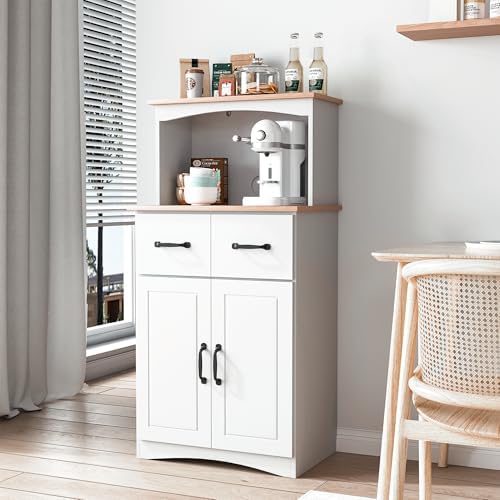 Microwave Stand with Storage, Kitchen Pantry Storage Cabinet with Drawer and Adjustable Shelf, Microwave Cabinet with Open Space for Kitchen, Dining Room, White
