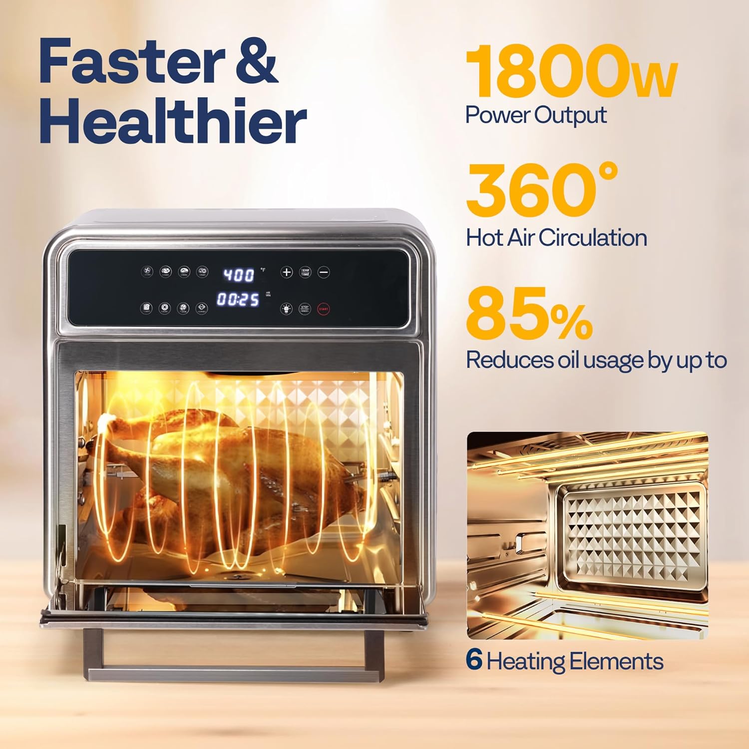 VIVOHOME 21 Qt Air Fryer Toaster Oven Combo, 8-in-1 Convection Oven Countertop with Rotisserie and Dehydrator, Stainless Steel Digital Air Fryer Oven with 7 Accessories, 1800W
