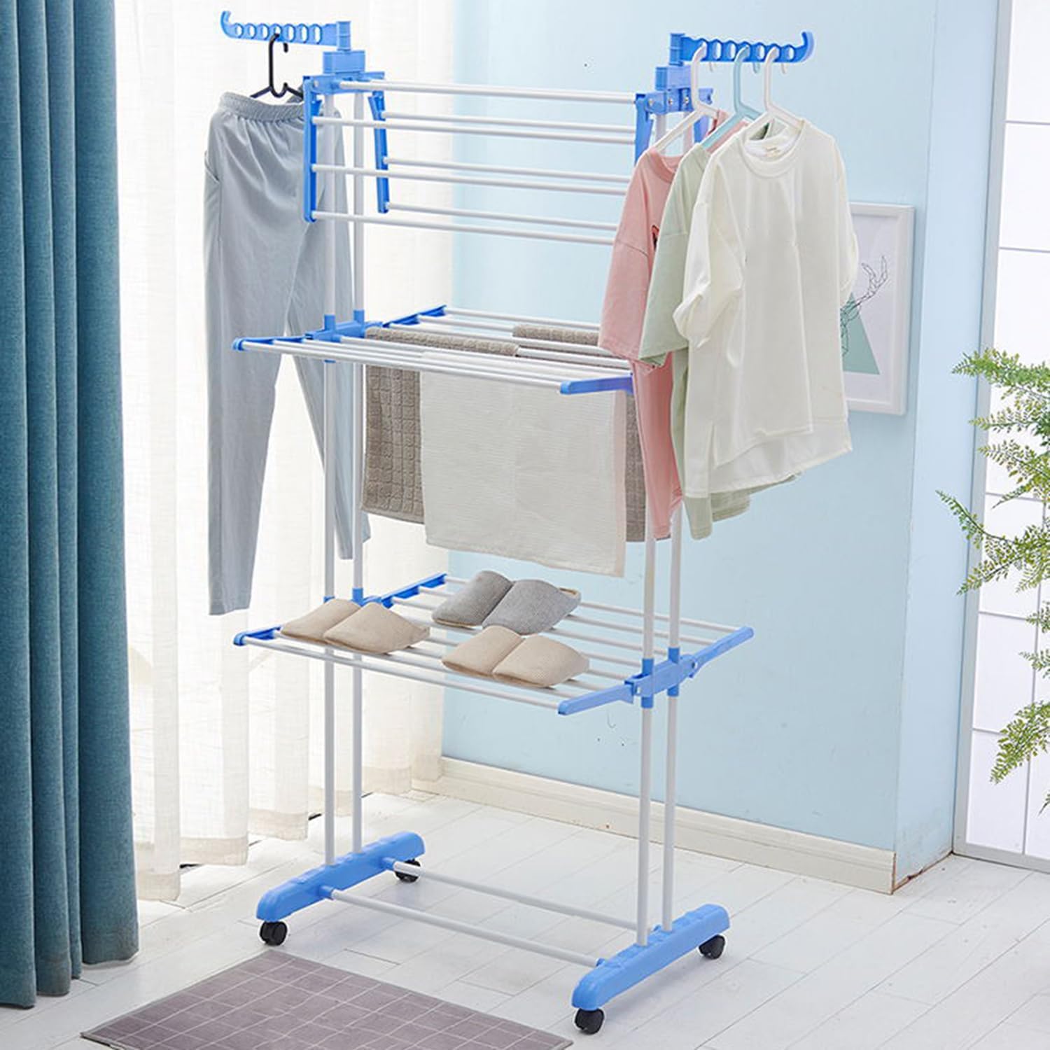 Clothes Drying Rack,4-Tier Collapsible Laundry Rack,Stand Garment Drying Station with Wheels,Stainless Steel Laundry Garment Dryer Stand with Two Side Wings,Blue