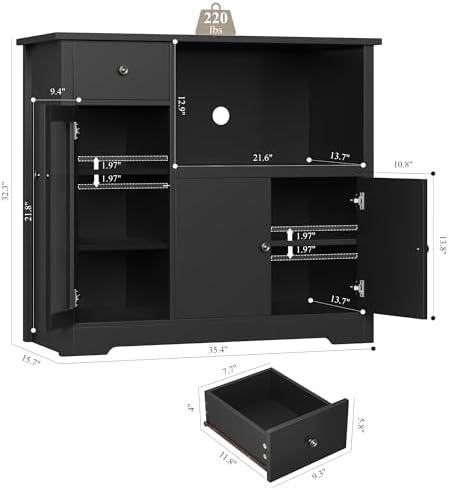 HORSTORS Microwave Cabinet, Kitchen Storage Cabinet with 3 Doors and 1 Drawer, Buffet Sideboard with Adjustable Shelves, Microwave Stand for Kitchen, Dining Room, Black