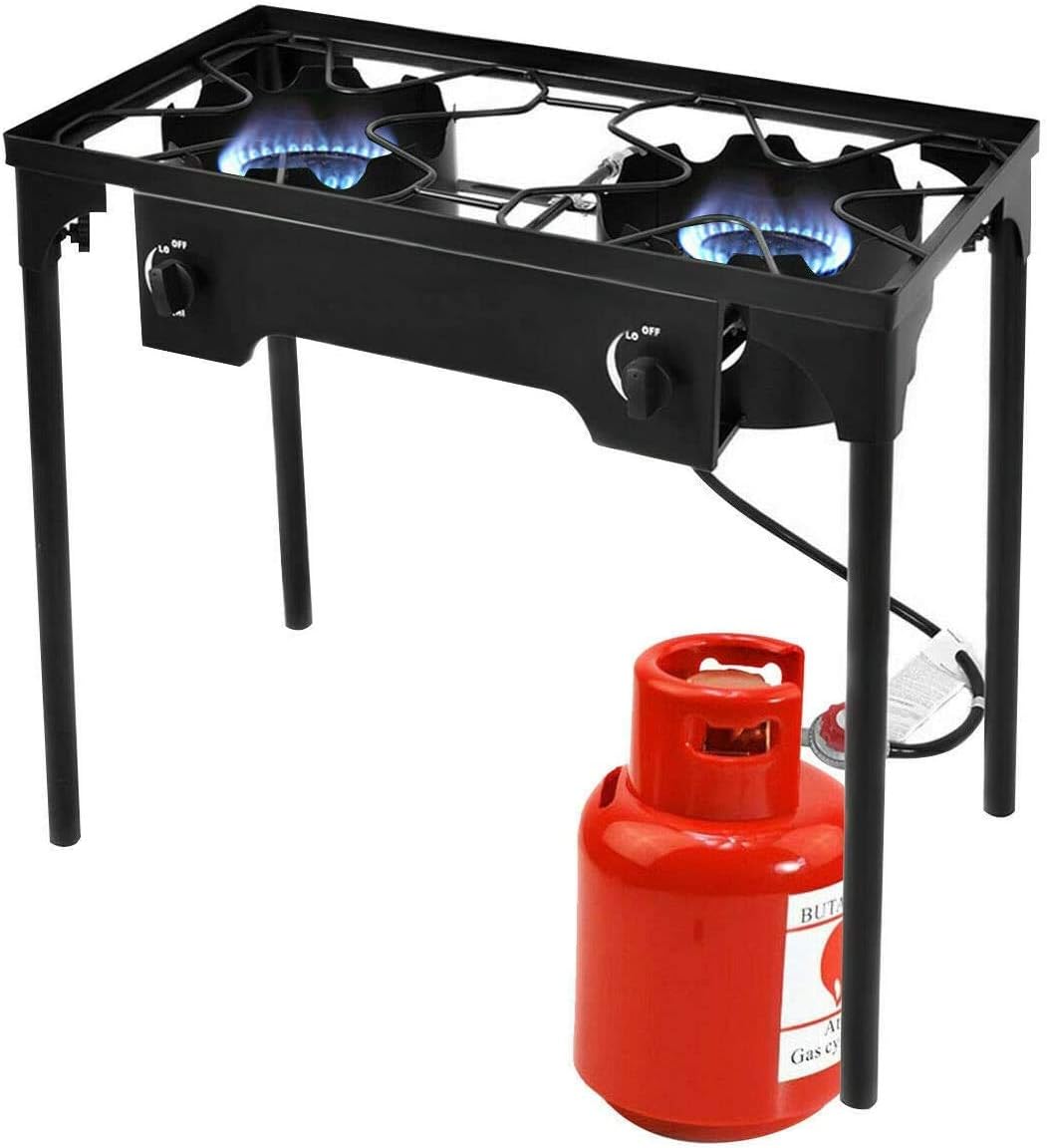 LUARANE Outdoor Stove High Pressure Double Burner Propane, Portable Gas 2 Burner Camp Stand Cooking Adjustable Detachable Legs, 20 PSI Regulator, Patio Camping Burner for Picnic, BBQ Grill (Black)