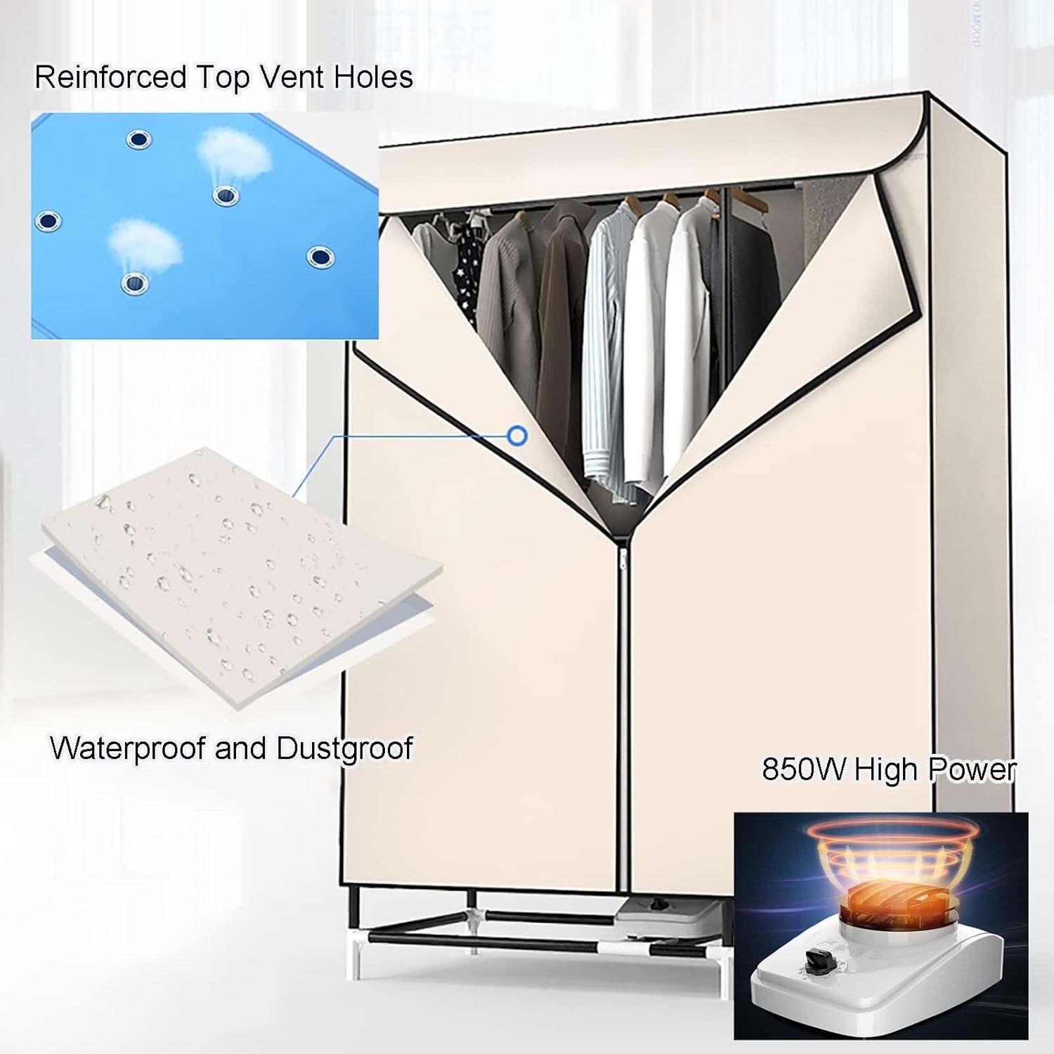 Heated Clothes Dryer 850W Energy-Efficient Electric Clothes Dryer 30kg Large Capacity Heated Clothes Airer, 220V Stainless Steel Household Dryer with Dustproof Cloth Curtain(Brown,Standard)