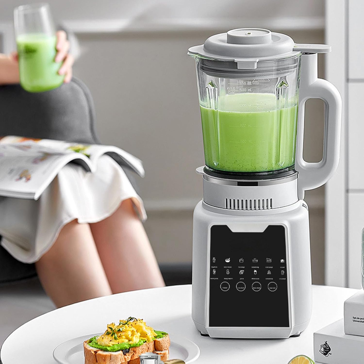 POCREATION Soy Milk Blender, Multifunctional Nut Milk Maker Machine with 24H Timer Keep Warm, 1200W 1650ml Capacity for Family Meals, ABS SUS, White (US Plug 110V)