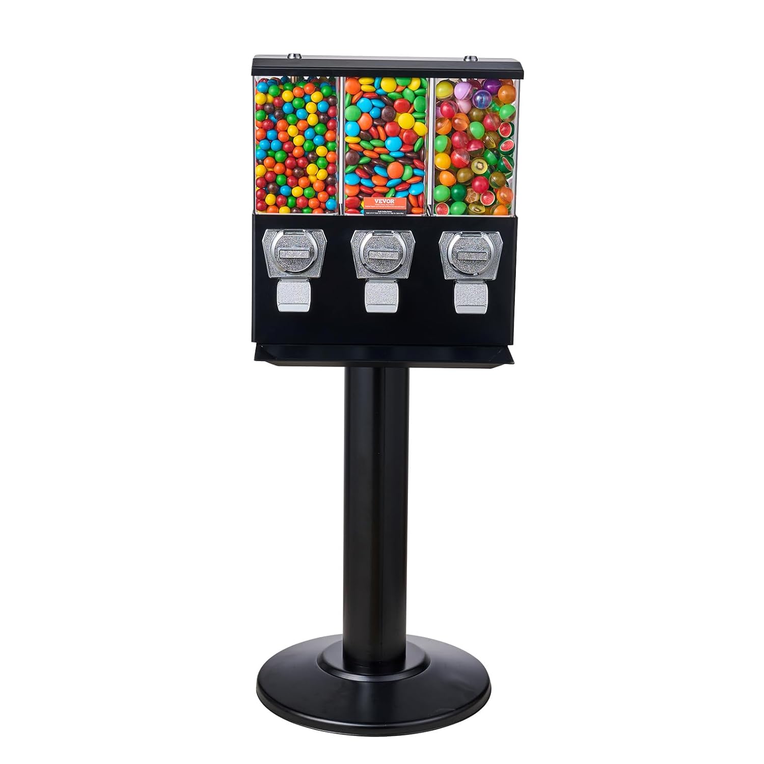 VEVOR Commercial Vending Machine, Triple Compartment Candy Dispenser with Iron Stand, Gumball and Candy Machine for Business, Coin Operated Gumball Bank for Toy Capsules Bouncy Balls Candy Nut, Black
