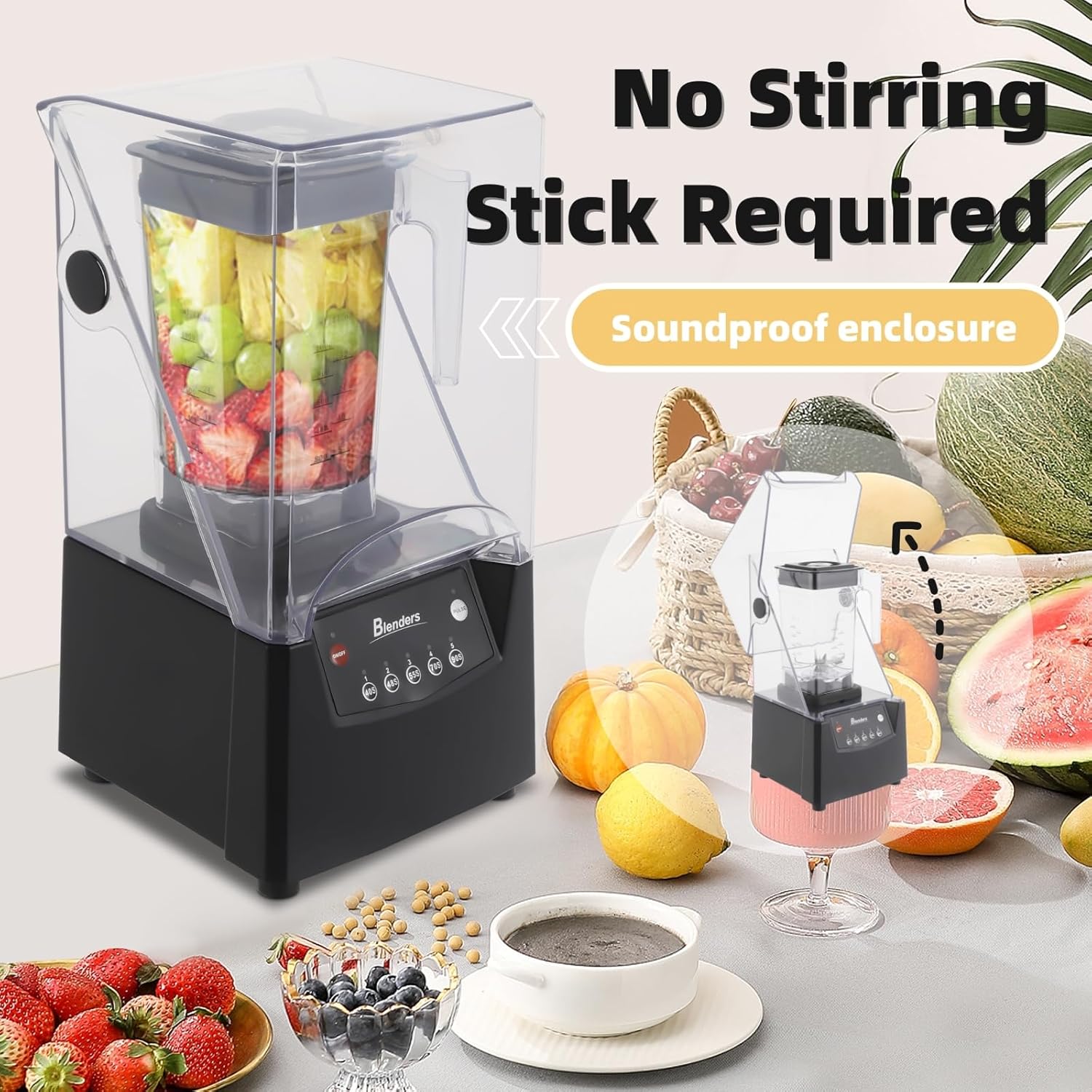 Commercial Smoothie Blender with Quiet Shield 61oz Quiet Blender for Smoothies 2600W High Powered Blenders Stainless Steel Milk Shake Machines for Smoothies, Milkshakes, and Sauces