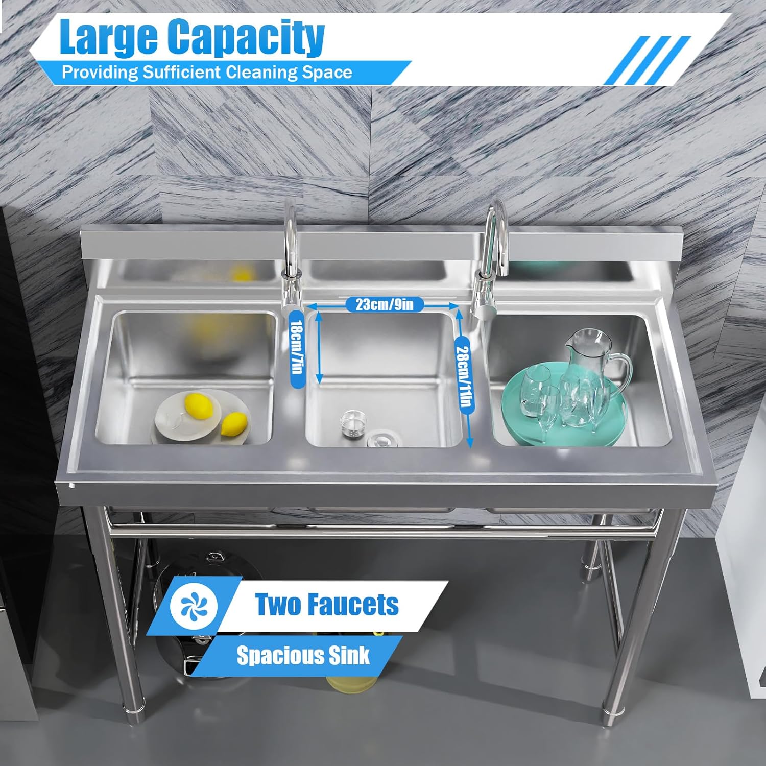 Utility Sink 304 Tainless Steel Table with Sink Outdoor Sink Station 3 Compartment Sink Commercial Kitchen Appliances Laundry Room, Workshop and RV(39 * 18 * 35.8 IN)