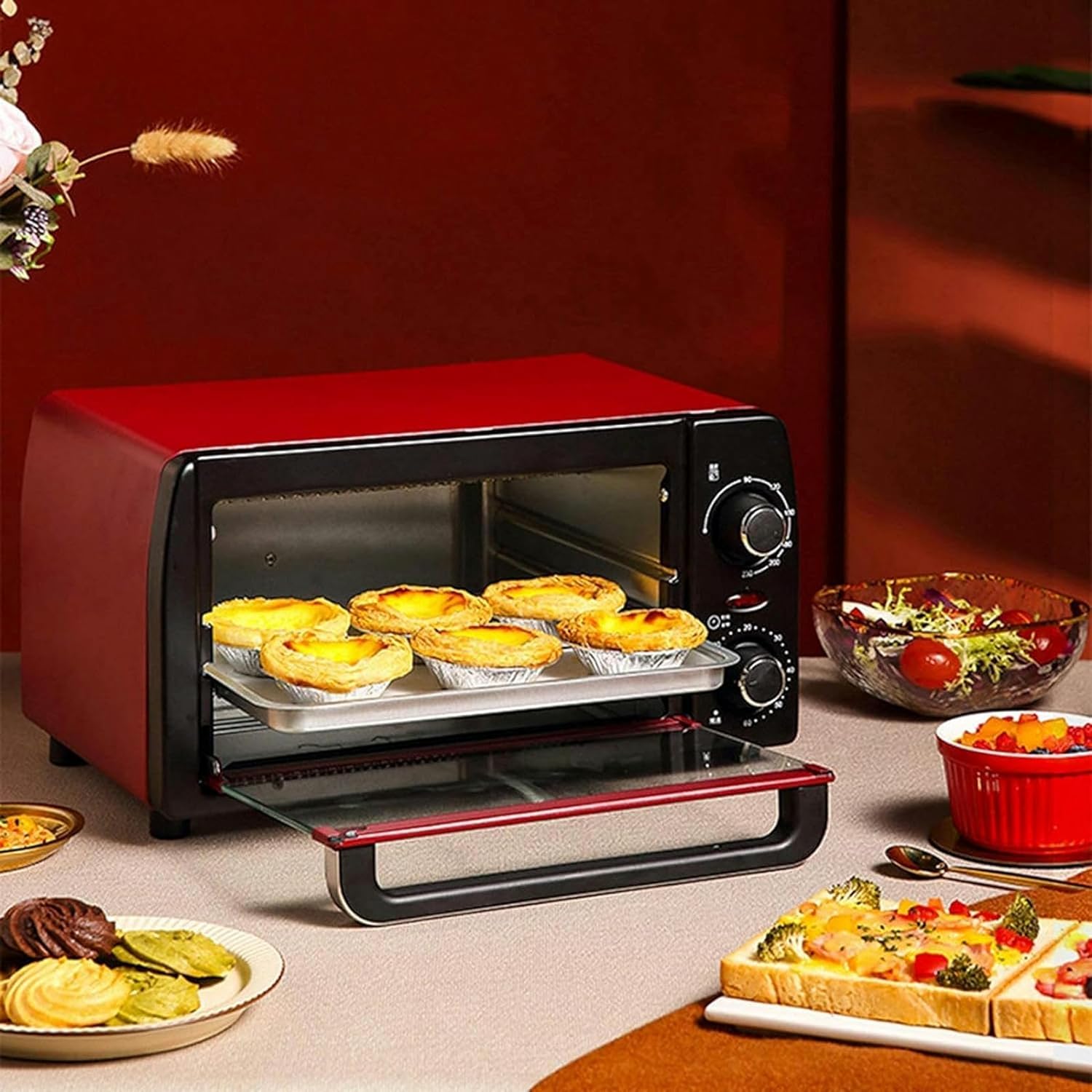 AMNOOL Household Intelligent 12L Electric Oven,Multifunctional Large-Capacity Chicken Oven Microwave Oven with Bakeware Pizza Baking Mini Oven Red (Red) (Red) Aesthetic and Practical-1*