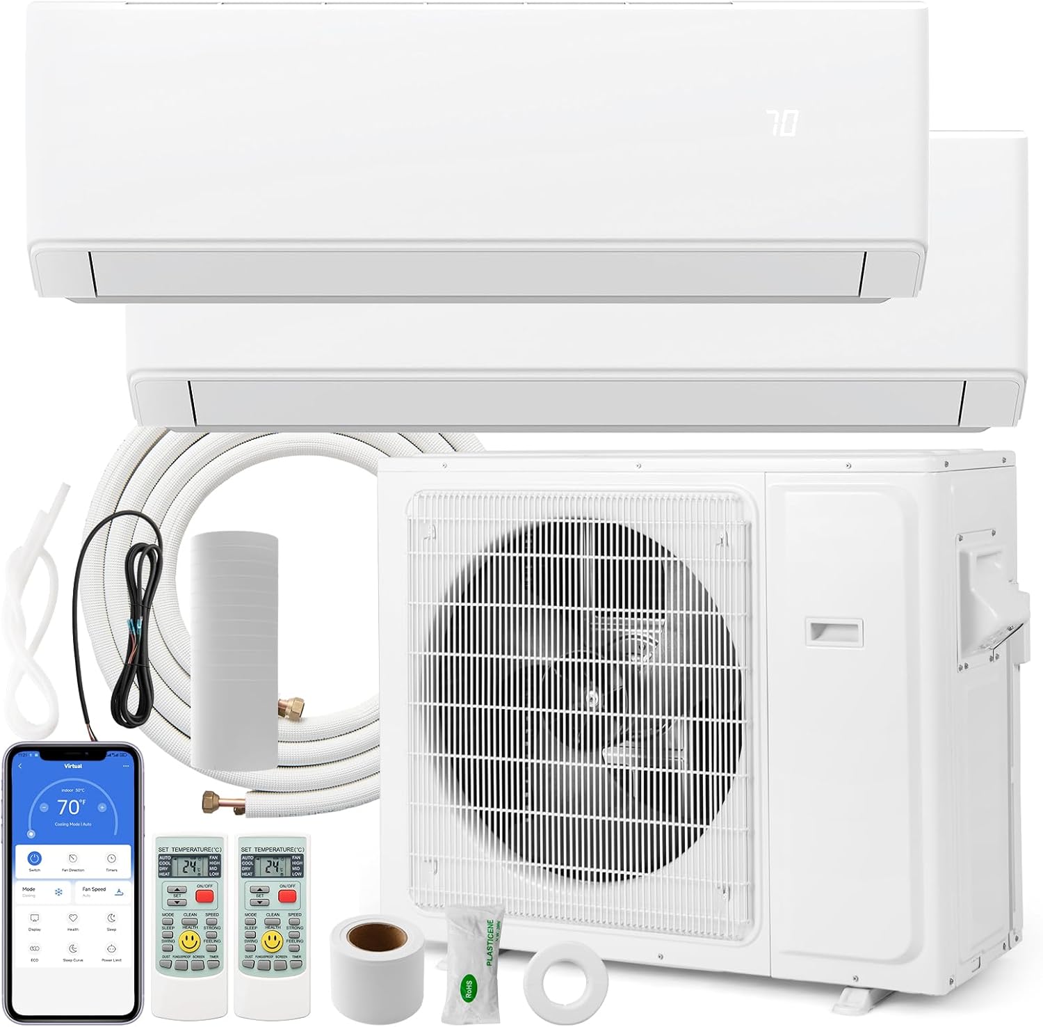 ARLIME Mini Split AC, 2 Zone 30000 BTU Wifi Enabled Air Conditioner & Heater, 23 SEER2, Energy Star, R32 Refrigerant, Inverter Wall AC Unit with Installation Kit, 208-230V (Dual Zone 7K+ 7K)