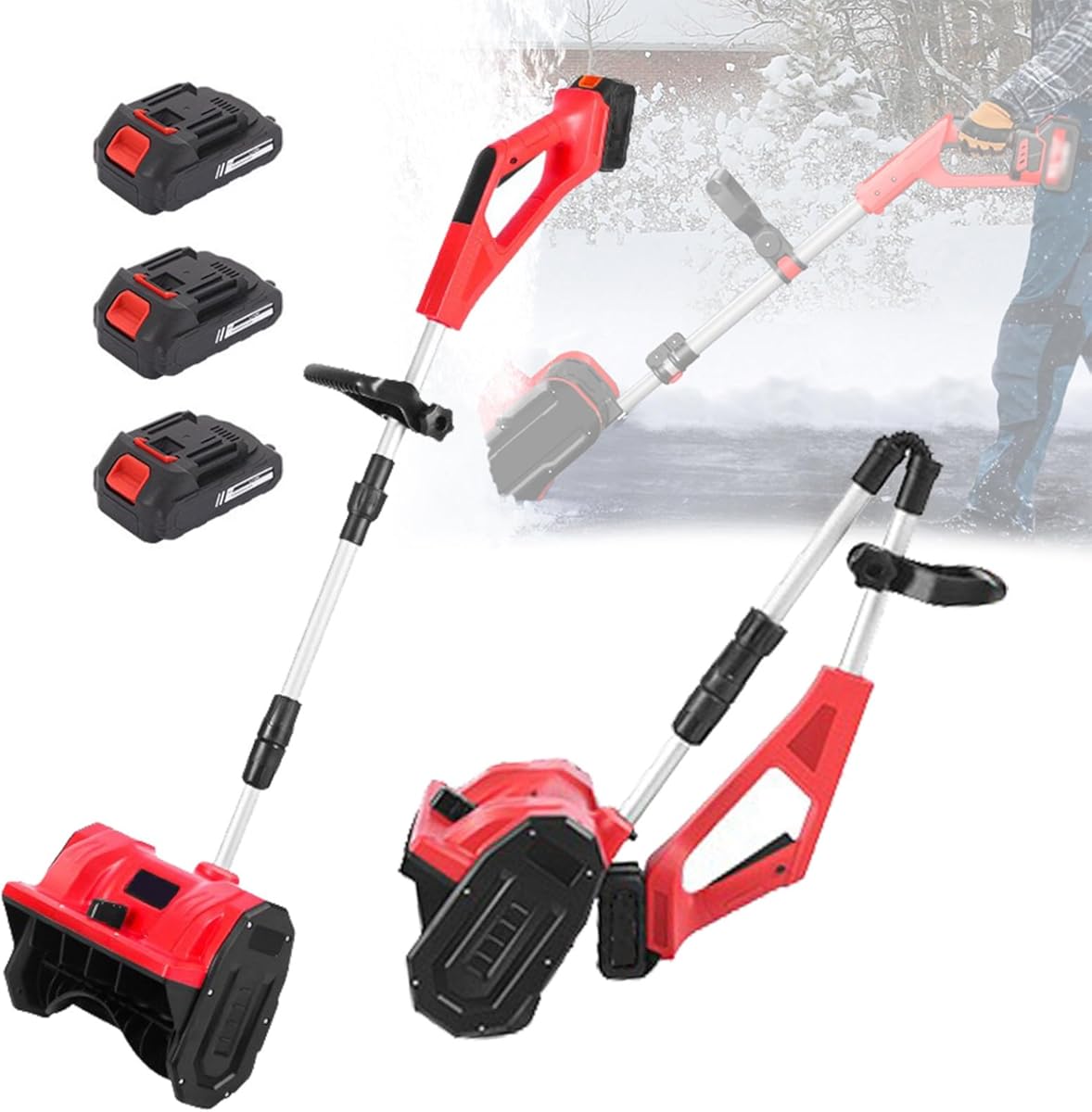 Wireless Brushless Snow Shovel, Electric Push Snow Sweeper, 32CM Width Snow Shovel, Small Household Snow Cleaning Tool,Road Snow Cleaning Tool - 3 Battery,Red