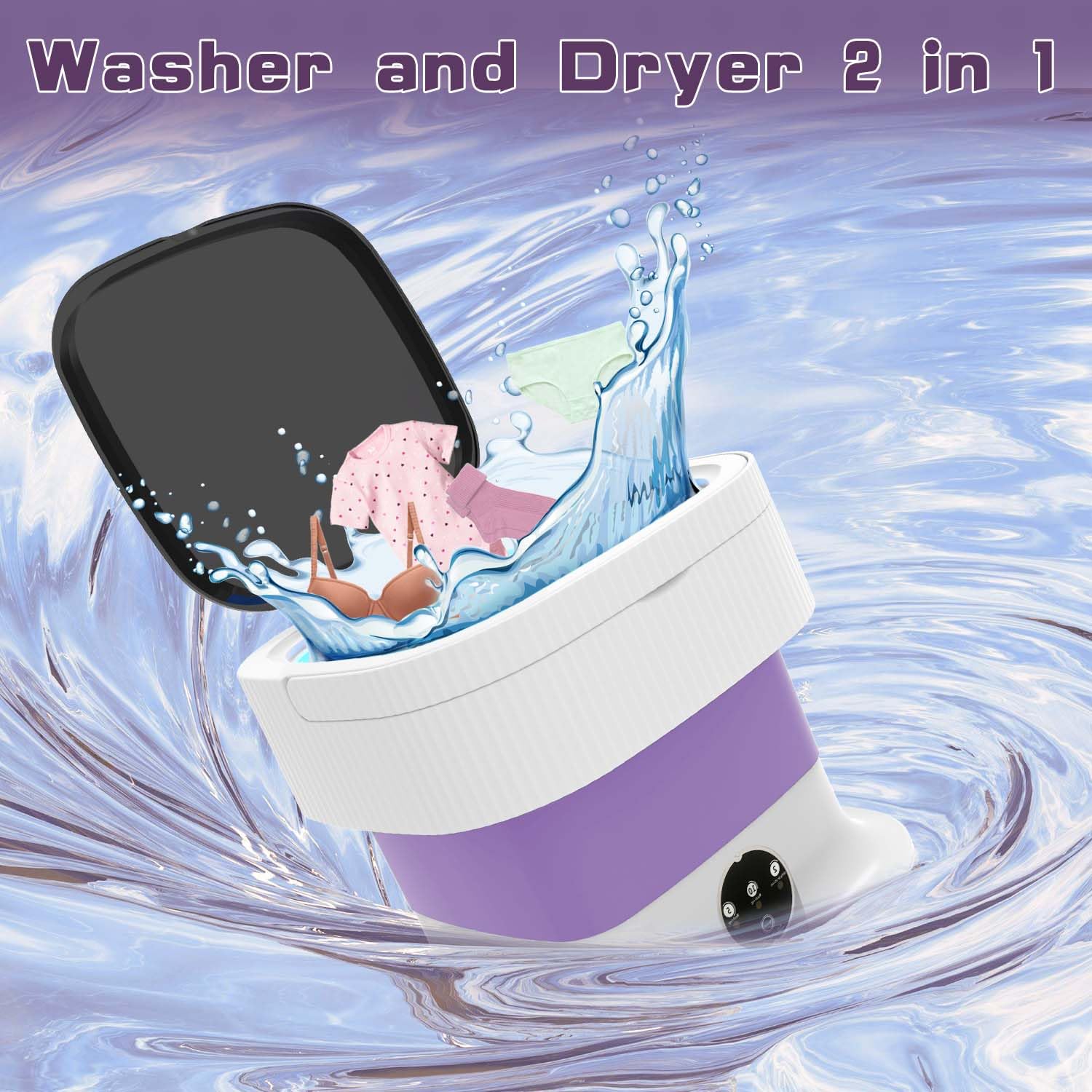Portable Washing Machine, 16L Mini Washer and Dryer, 60W Foldable Lavadora Portatil with Spin,Small Compact Clothes Laundry for Underwear, Baby Clothes, Socks (Purple)