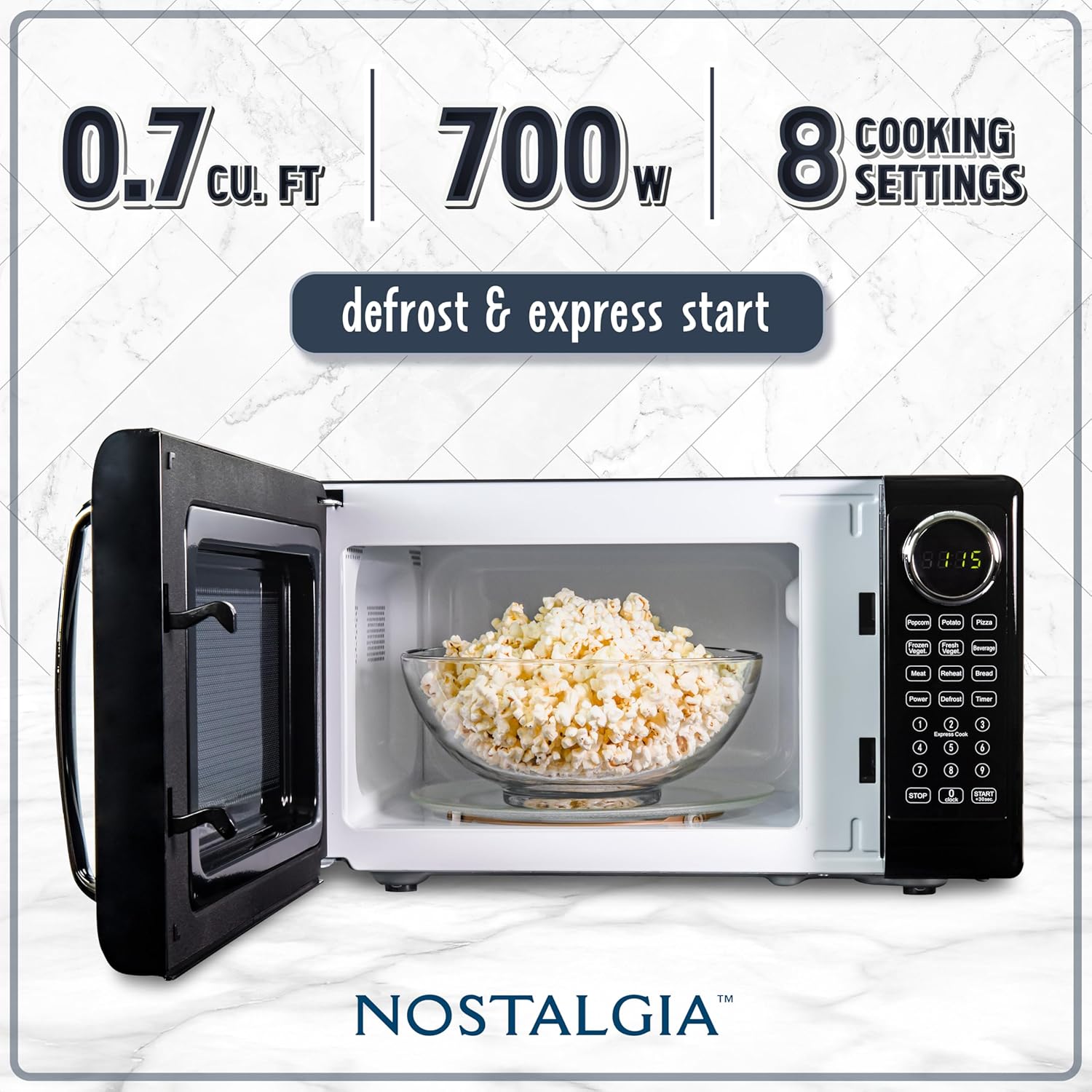 Nostalgia Retro Microwave Oven - 0.7 Cu Ft, 700-Watt Countertop Size with Glass Turntable, Child Safety Lock, 8 Auto-Cook Programs, Digital Clock - Black