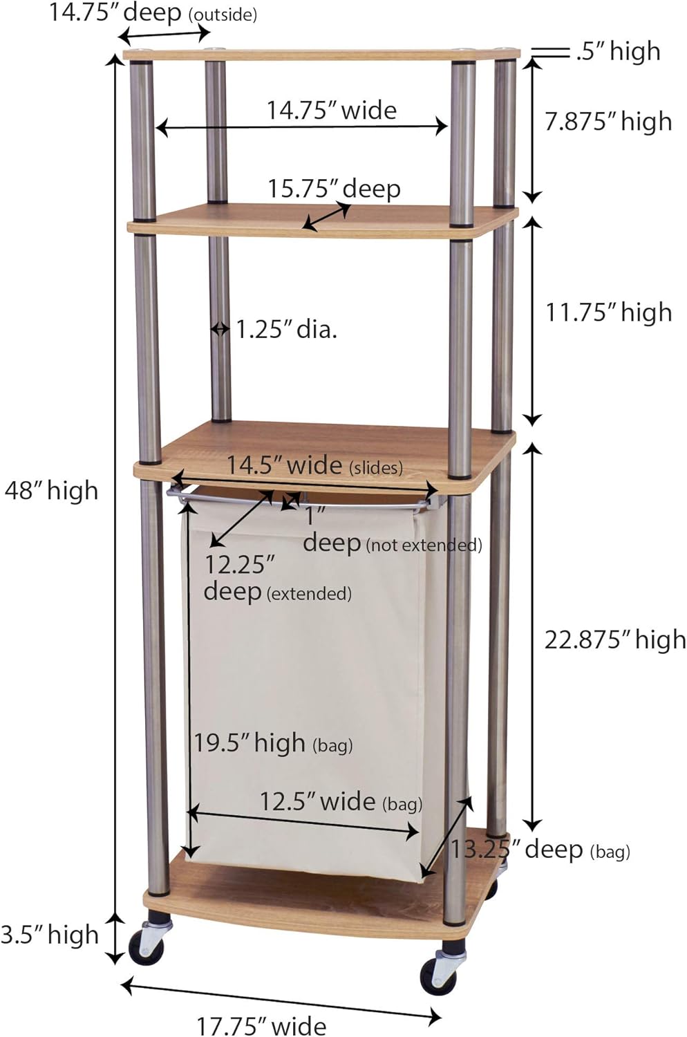 Household Essentials Laundry Hamper Storage Cart, Ashwood