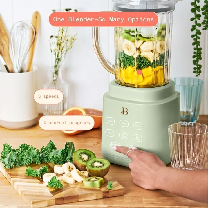 Beautiful PowerExact Blender System, Sage Green Icing by Drew Barrymore – 700 W Motor, PrecisionSense, Touch Display, 50 oz Tritan Pitcher + 20 oz Cup with No-Drippy Sippy Lid (White)