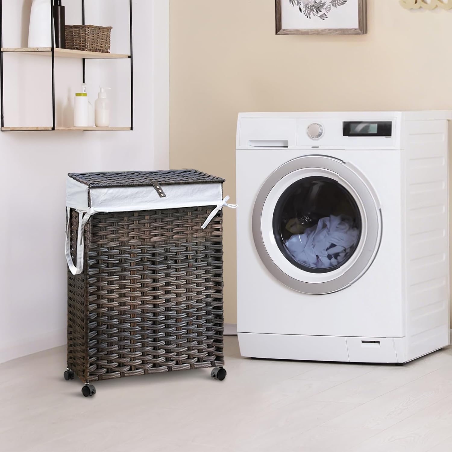 88L Slim Laundry Hamper with Wheels, 23.3 Gallon Rolling Laundry Basket with Lid, Tall and Narrow Laundry Hamper with 2 Removable Liner & 3 Mesh Bags, Laundry Sorter for Bathroom, Brown