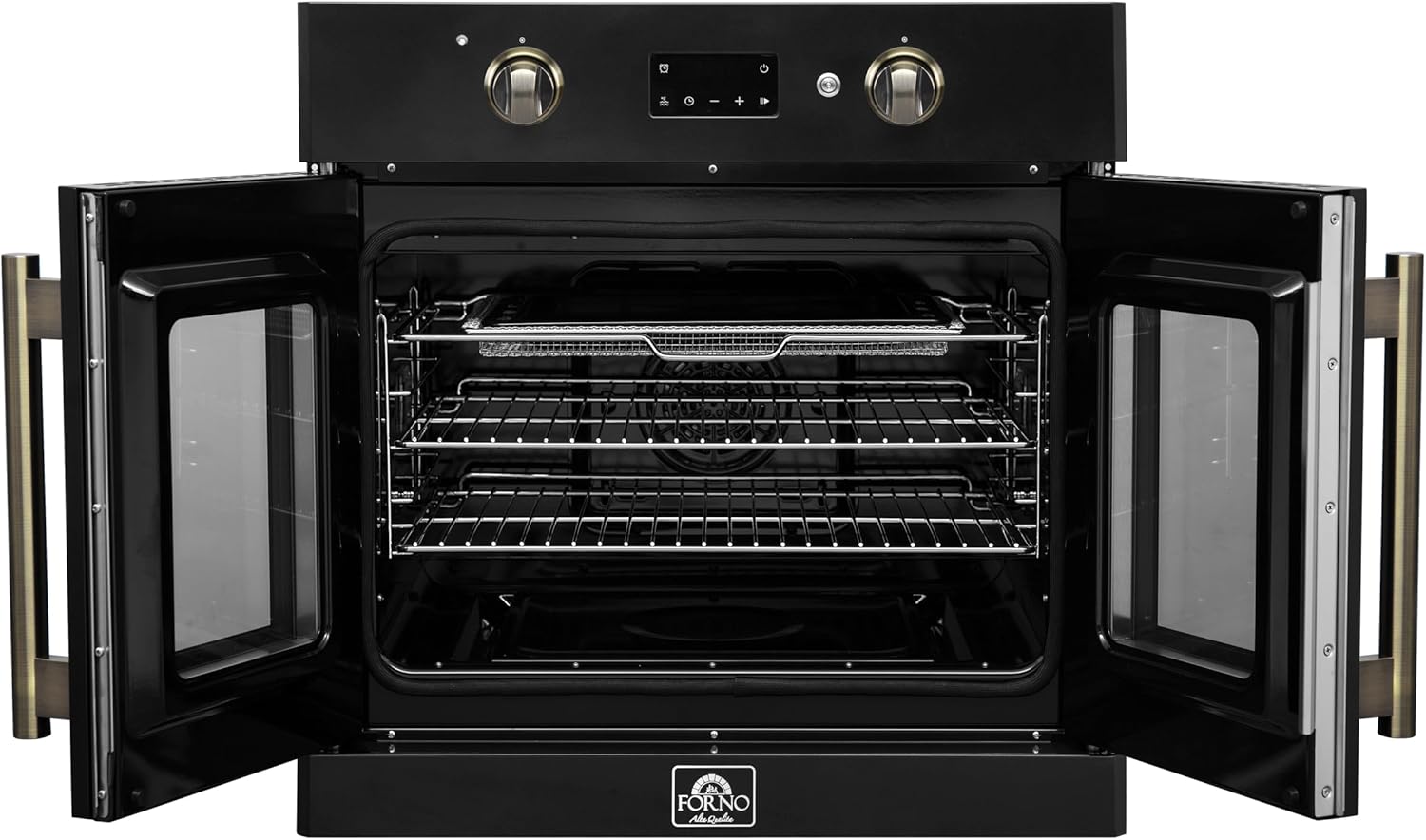 Forno Asti 30-Inch French Door Electric Wall Oven in Black & Antique Brass – 3.68 Cu. Ft. True Convection, 3600W, Air Fry, Sous Vide, Self-Cleaning Function