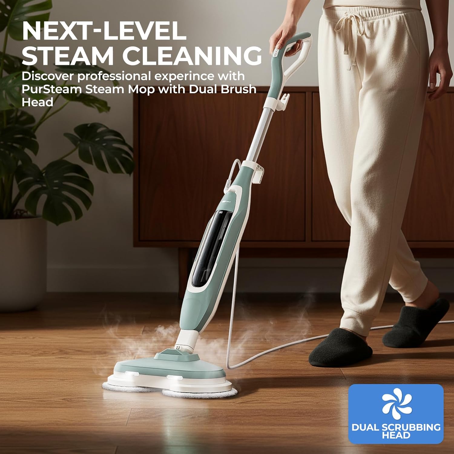 Apical Life Steam & Scrub Steam Mop, All-in-One Scrubbing and Sanitizing Hard Floor Cleaner, LED Headlights, 4 Dirt Grip Soft Scrub Pads Included, L Water Tank, Swivel Steering, Light green