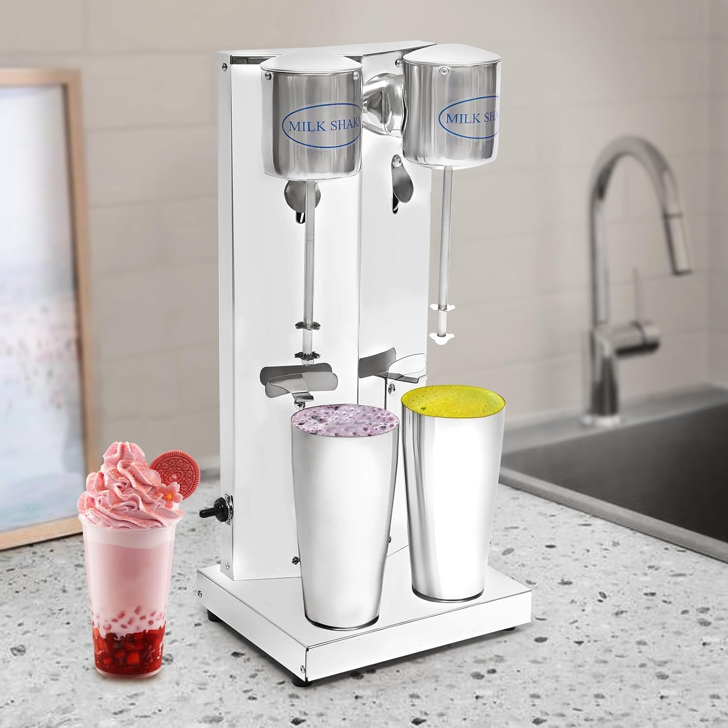Commercial Electric Milkshake Maker Milkshake Double Head Electric Blender Drink Mixer Machine Stainless Steel Tea Drink Juice Mixer With 2pcs Cups And 2 Speeds Adjustable 110v 360w (double head)