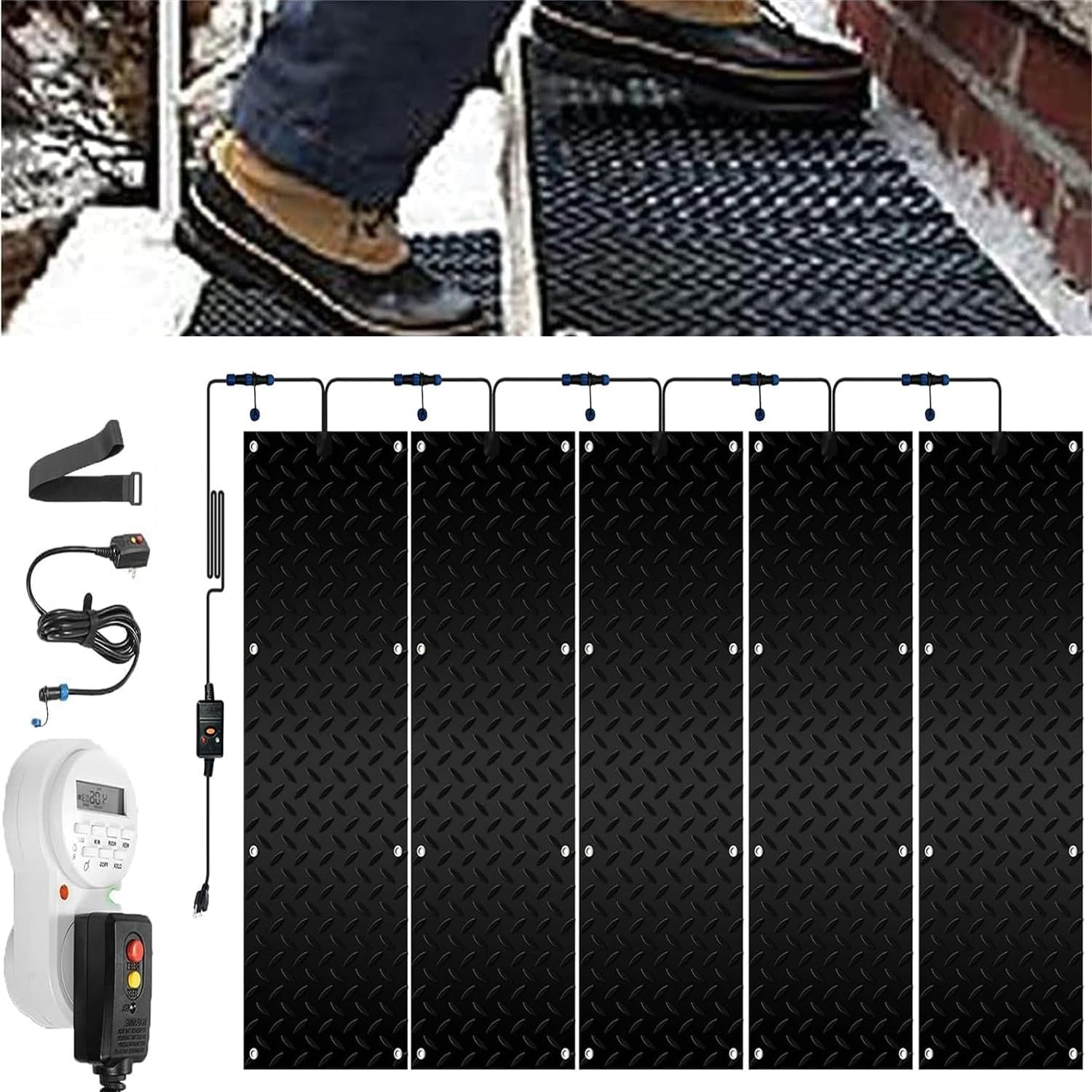 Heated Snow Melting Mats with Timer, 1/2/3/4/5 Pcs Outdoor Slip Proof Ice Heated Rubber Mat for Driveway Walkway Decks and Sidewalks Connection with Power Cord(5 Pcs,12x48in/(30x120cm))