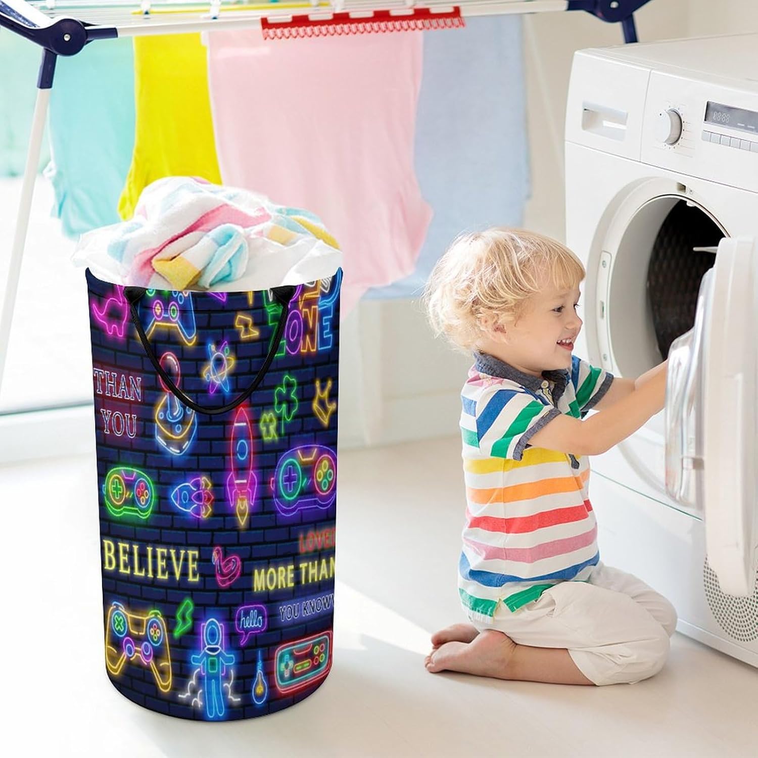 Watercolor Cool Gamer Laundry Hamper Dirty Clothes,Colourful Neon Gamepad Gaming Video Game Controller Large Laundry Basket Storage Basket For Bathroom 15.7W