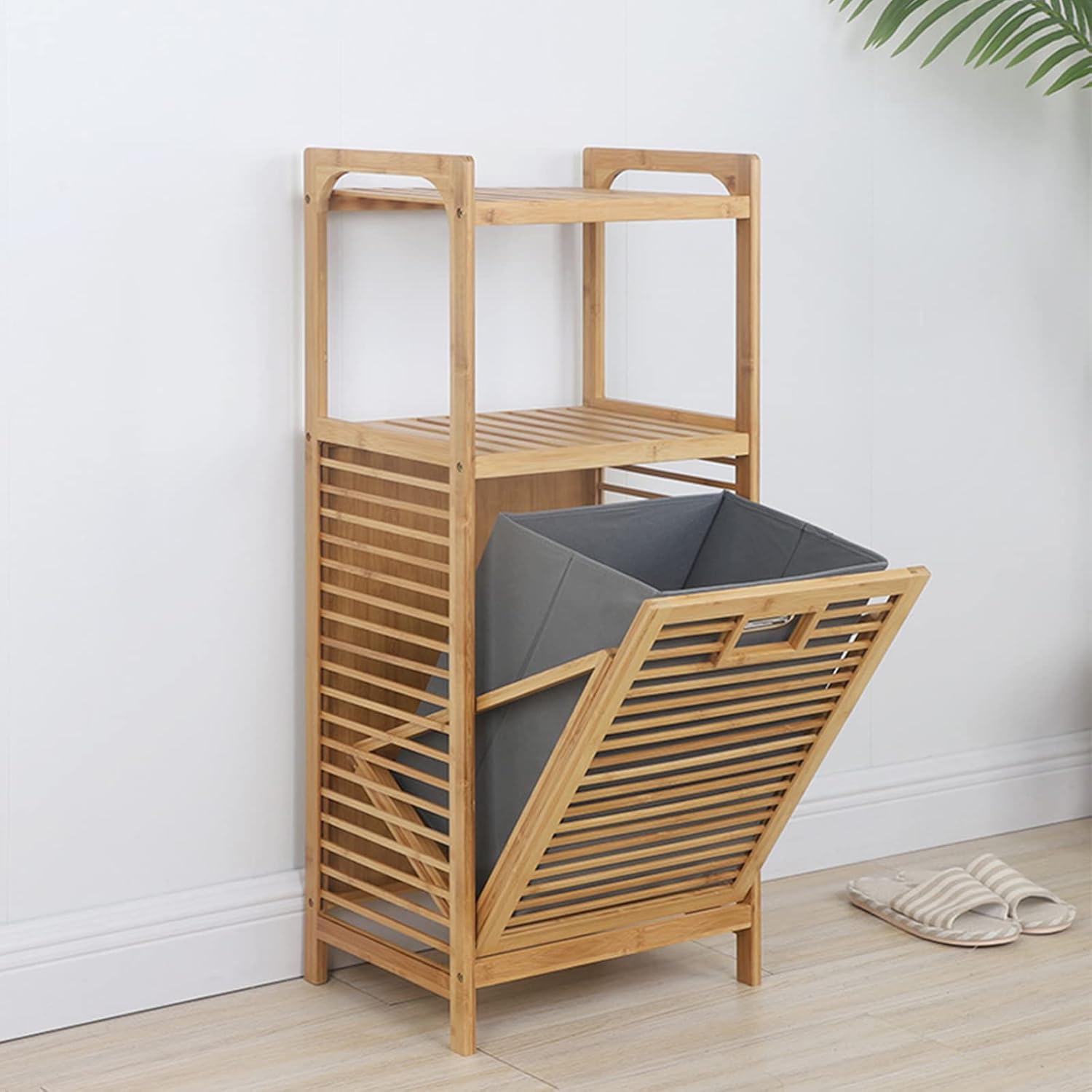 Bamboo Tilt-Out Laundry Hamper Cabinet, Freestanding Laundry Basket Organizer with Removable Clothes Basket&2 Shelves, 3 Tier Pull Out Bathroom Storage Shelf Cabinet for Clothes