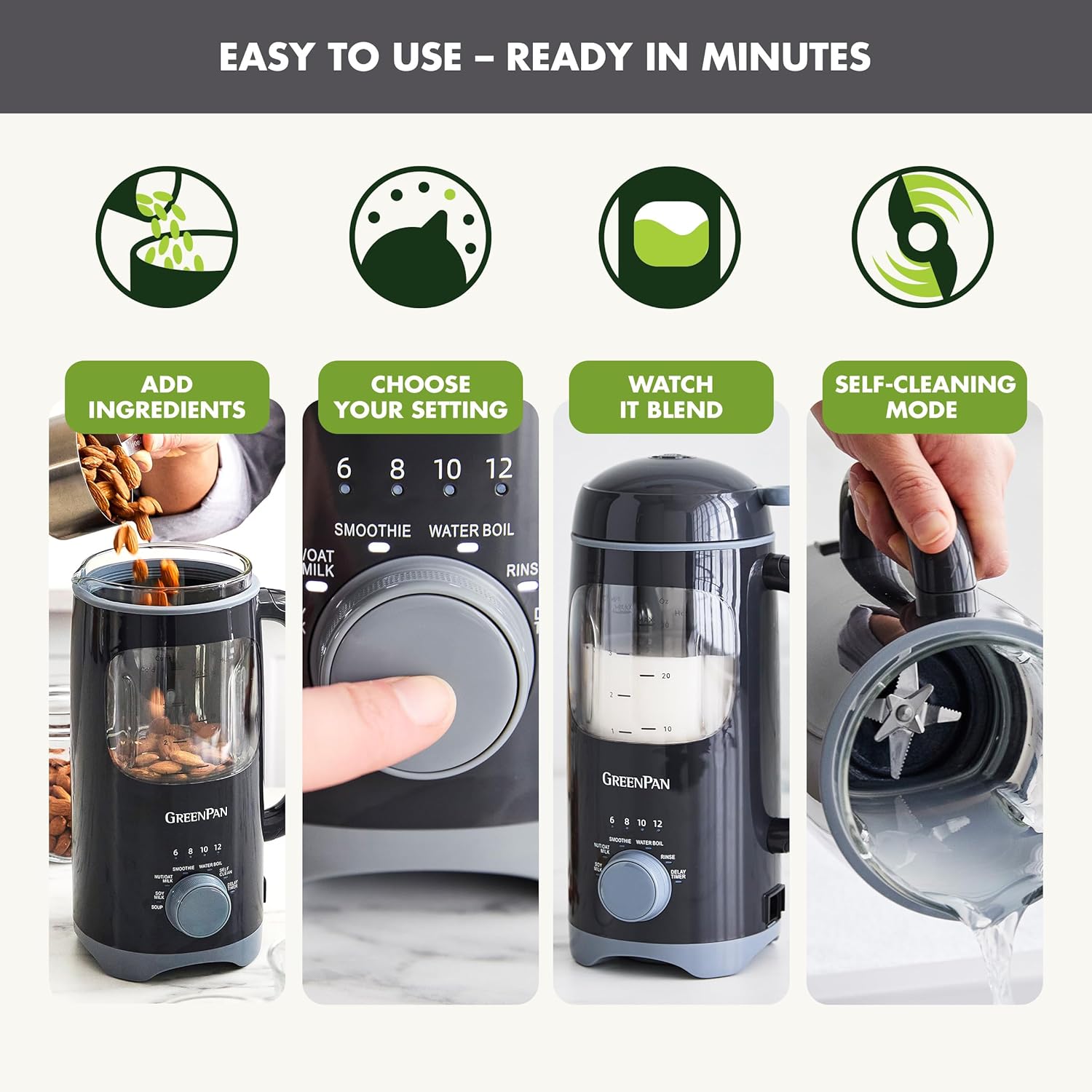 GreenPan Nut Milk Maker, 15-in-1 Homemade Soy, Almond, Oat, Coconut, Non-Dairy, Rice, Soup, Baby Food, BPA-Free, Smooth Creamy Texture, Self Clean, Barista Quality Milk, Delay Start, Boil Water, Gray