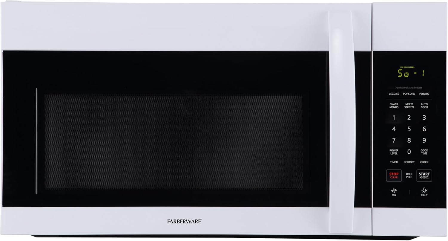 Farberware 1.7 Cu. Ft. Countertop Microwave Oven – 1000 Watts Power, Auto Cook Settings, Defrost, Easy Clean and Child Safety Lock - White
