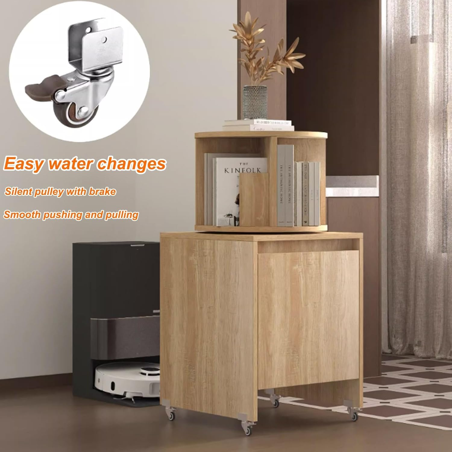 Robot Vacuum Stand Cabinet, Vacuum Hidden Cabinet for Sweeping, Vacuums Hidden Cabinets for Sweeping, Movable Storage Rack, Multi-Function Rotating Bookshelf(Natural,19.6x19.6x25.5'')