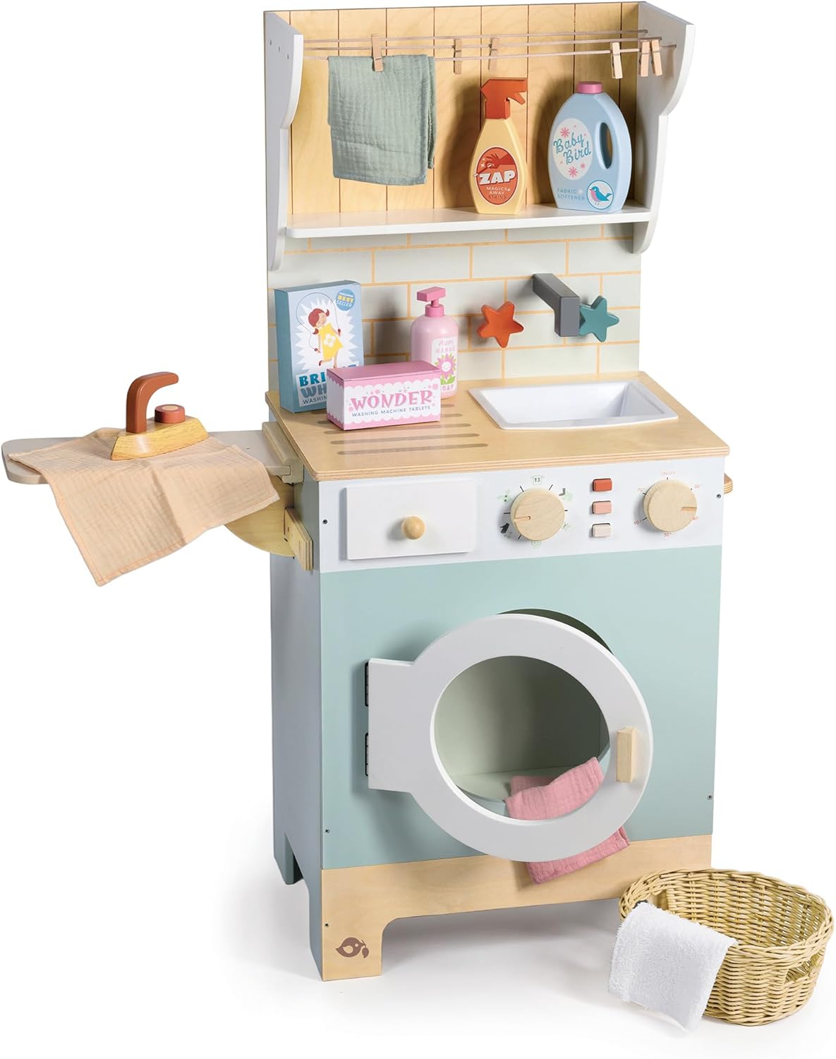 Tender Leaf Toys - Tender Leaf Laundrette - Wooden Laundry Play Set for Kids - Includes Washer/Dryer, Ironing Board, Basket, Pegs, and Accessories - Encourages Imaginative Role-Play - Age 3+