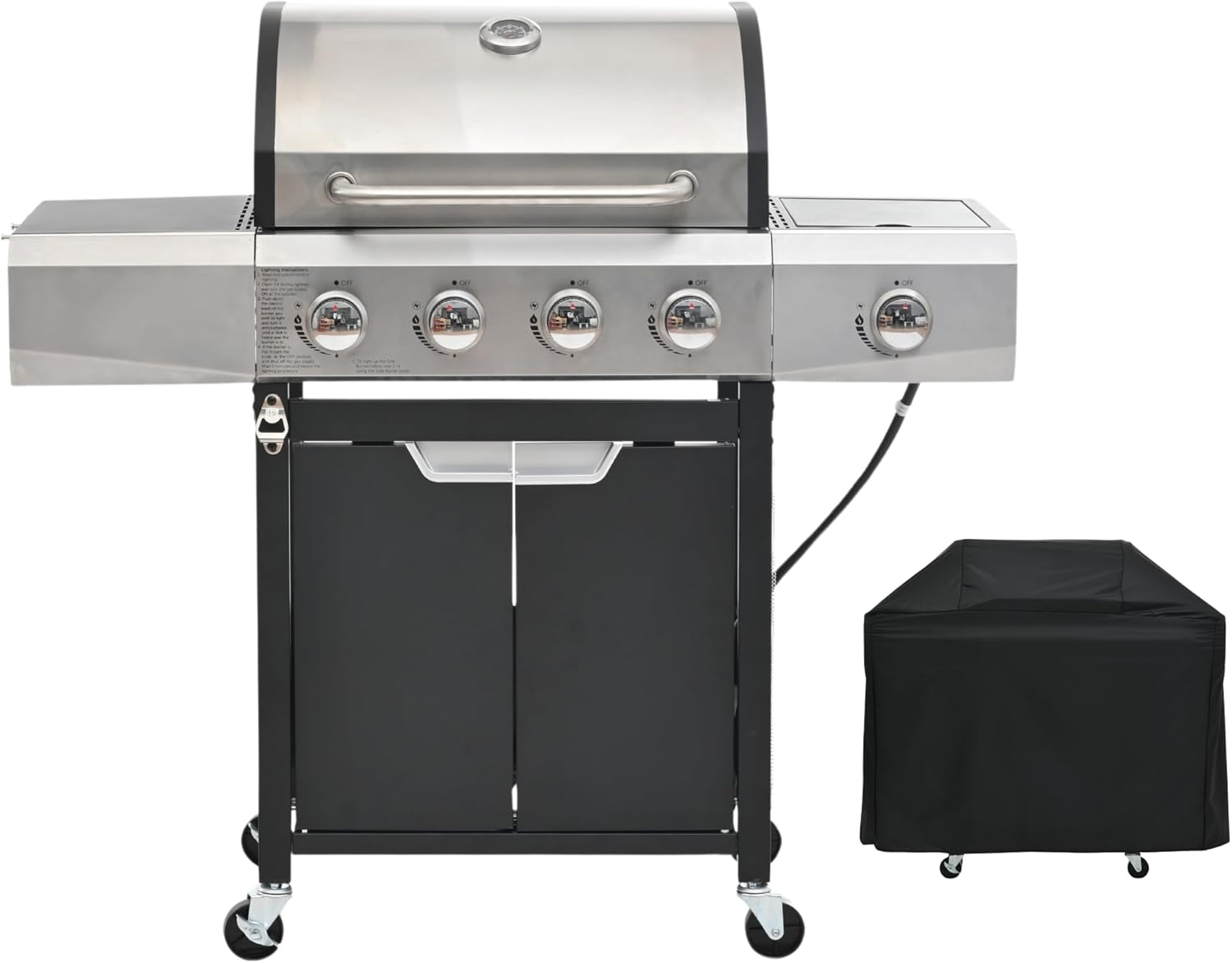 4 Burner Propane Gas Grill 51,000 BTU Stainless Steel Barbecue Grill with Side Burner and Cover Portable Outdoor BBQ Grill Flame Regulator and Steel Wire Insulation Frame for Patio Garden Camping